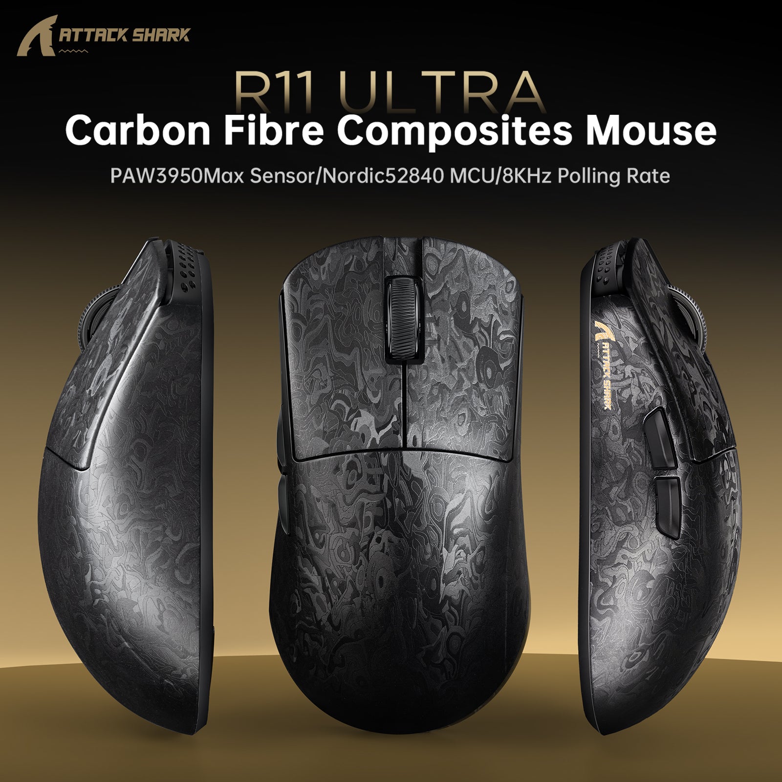 ATTACK SHARK R11 ULTRA carbon fiber gaming mouse with textured pattern; PAW3950Max, 8KHz polling.