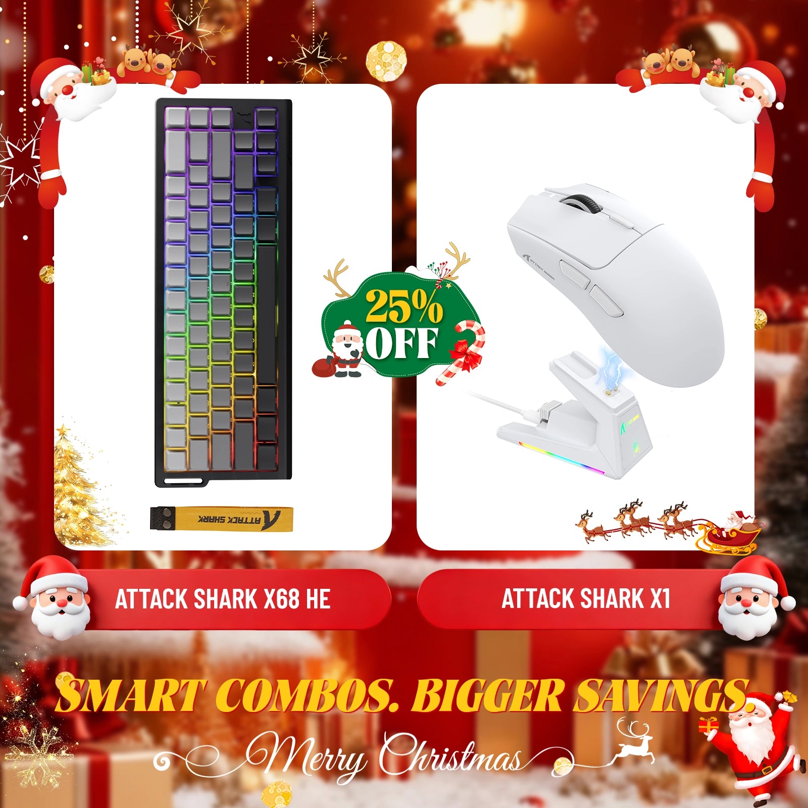 Paquete de teclado de disparo rápido ATTACK SHARK X68HE + ratón inalámbrico para juegos X1