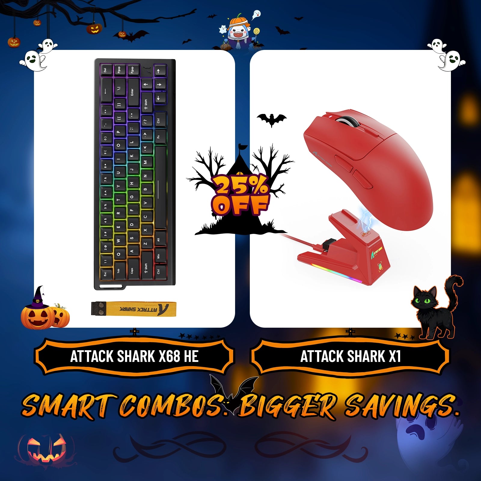 Paquete de teclado de disparo rápido ATTACK SHARK X68HE + ratón inalámbrico para juegos X1