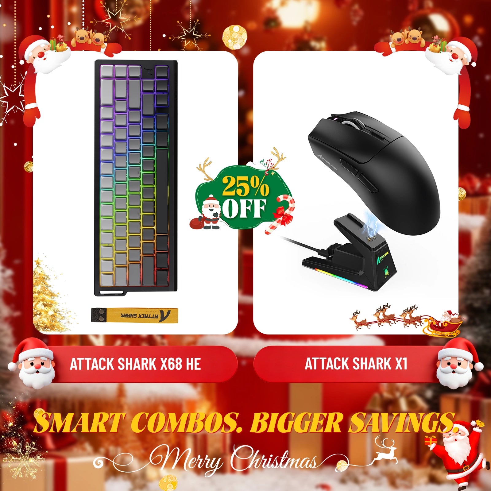 Paquete de teclado de disparo rápido ATTACK SHARK X68HE + ratón inalámbrico para juegos X1
