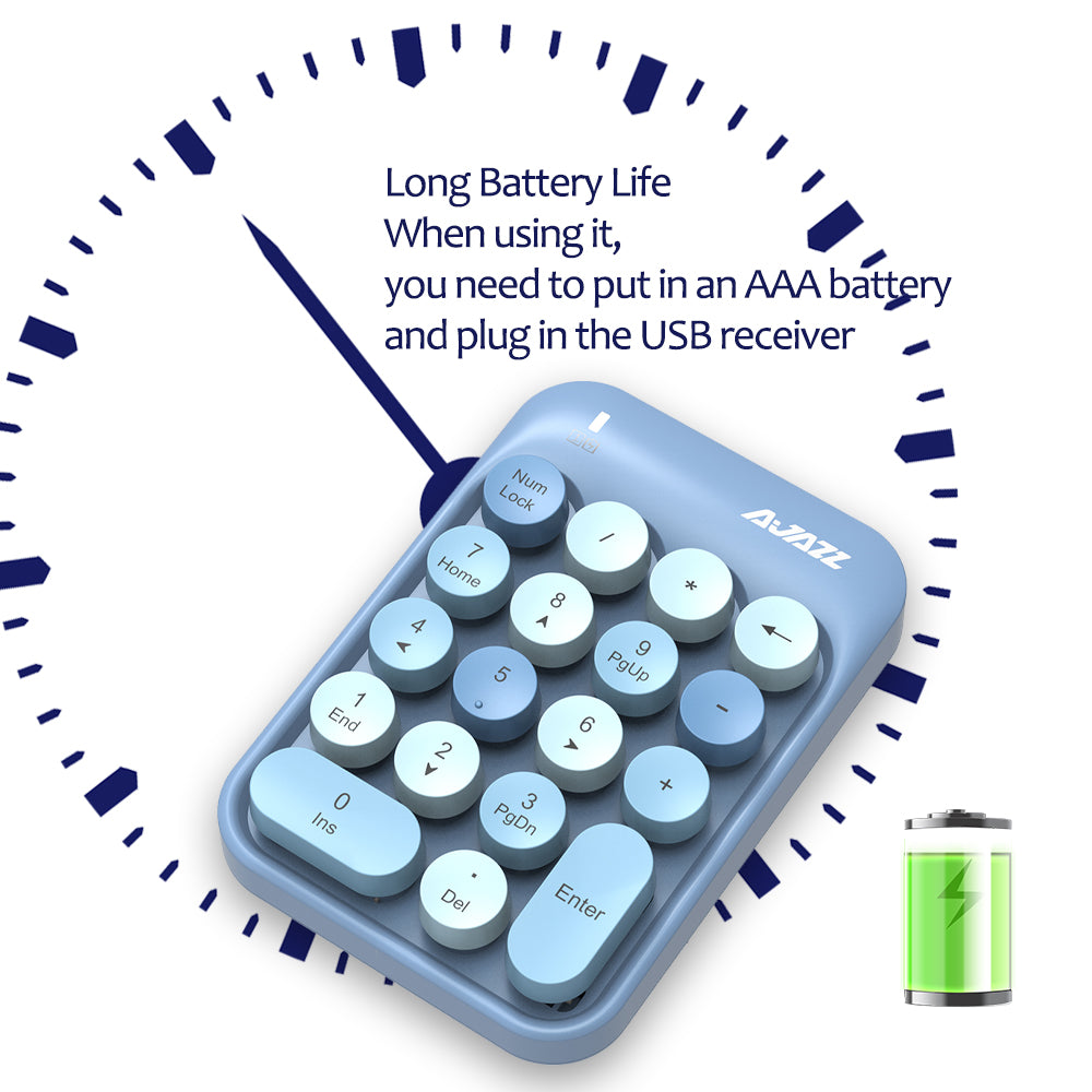 Light blue AJAZZ AK18 wireless numeric keypad showing battery life instructions.