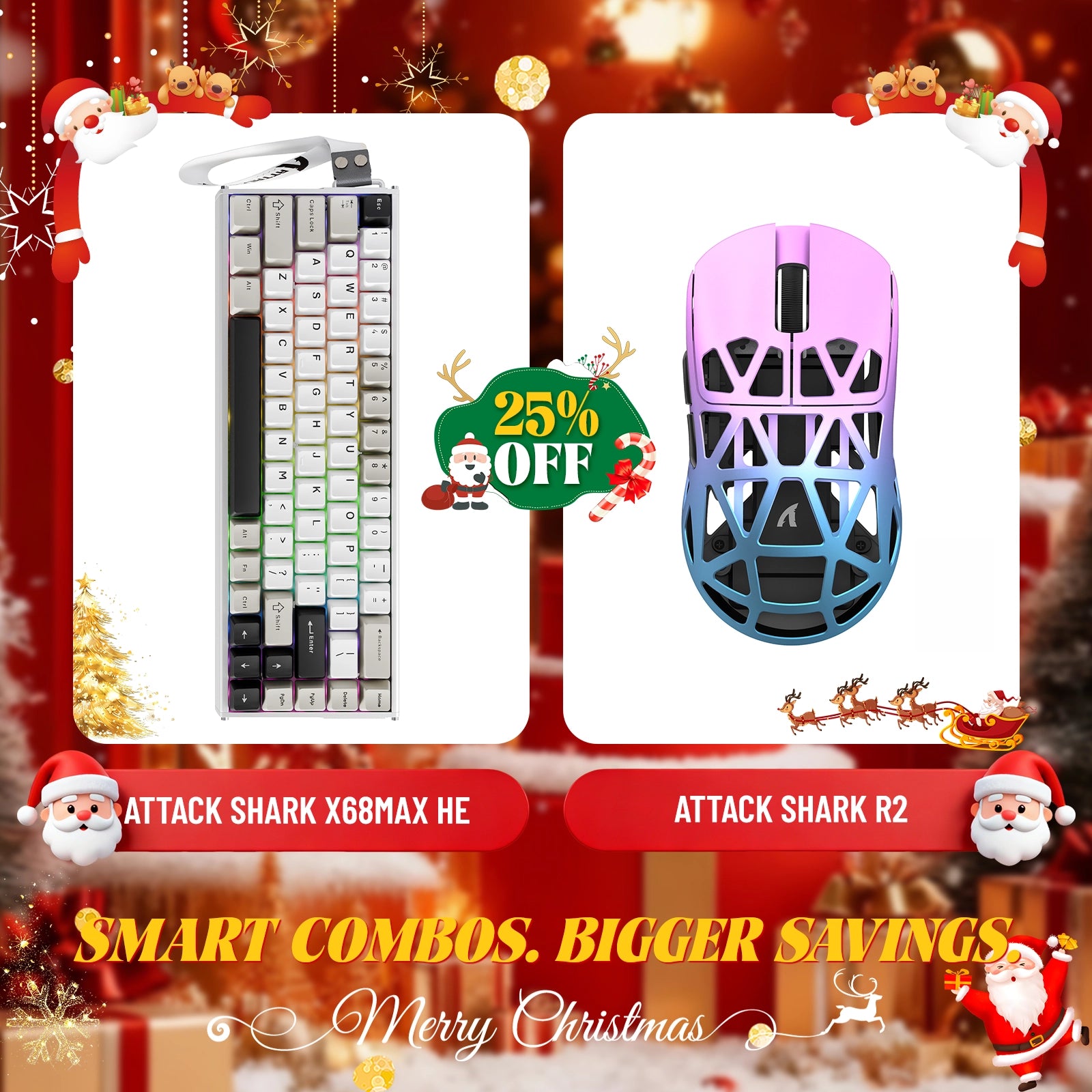 Paquete de teclado de aluminio ATTACK SHARK X68MAX HE con gatillo rápido y ratón inalámbrico para juegos R2 de aleación de magnesio