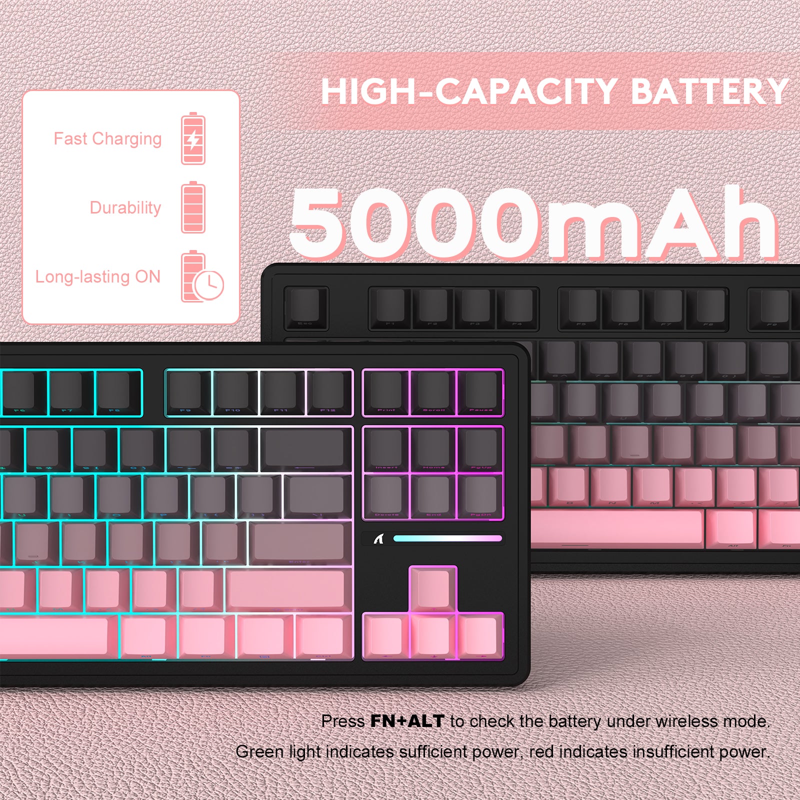 ATTACK SHARK M87PRO wireless keyboard: 5000mAh battery, gradient pink keycaps, FN+ALT power check.