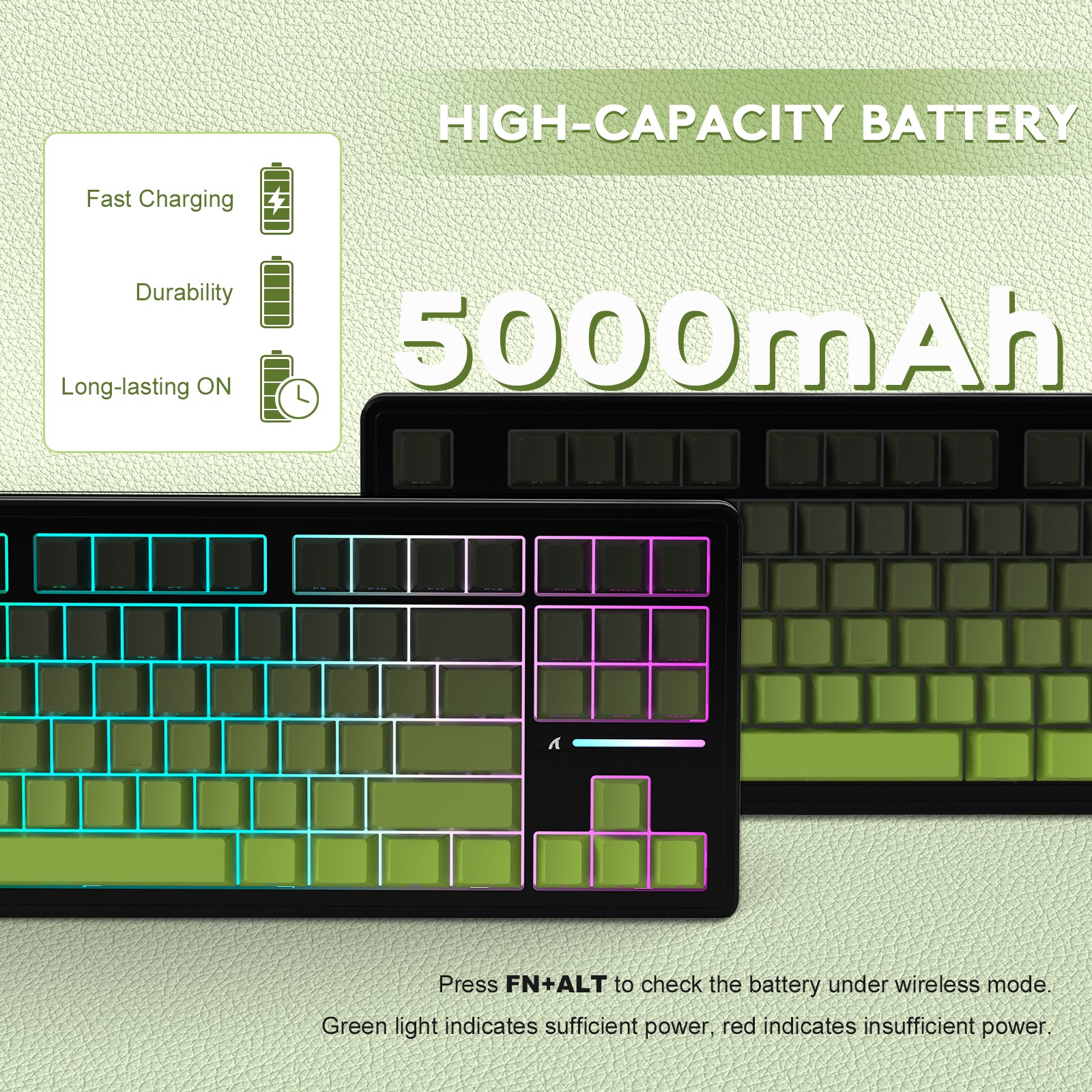ATTACK SHARK M87PRO wireless keyboard with 5000mAh battery, fast charging and long-lasting. Check battery with FN+ALT.