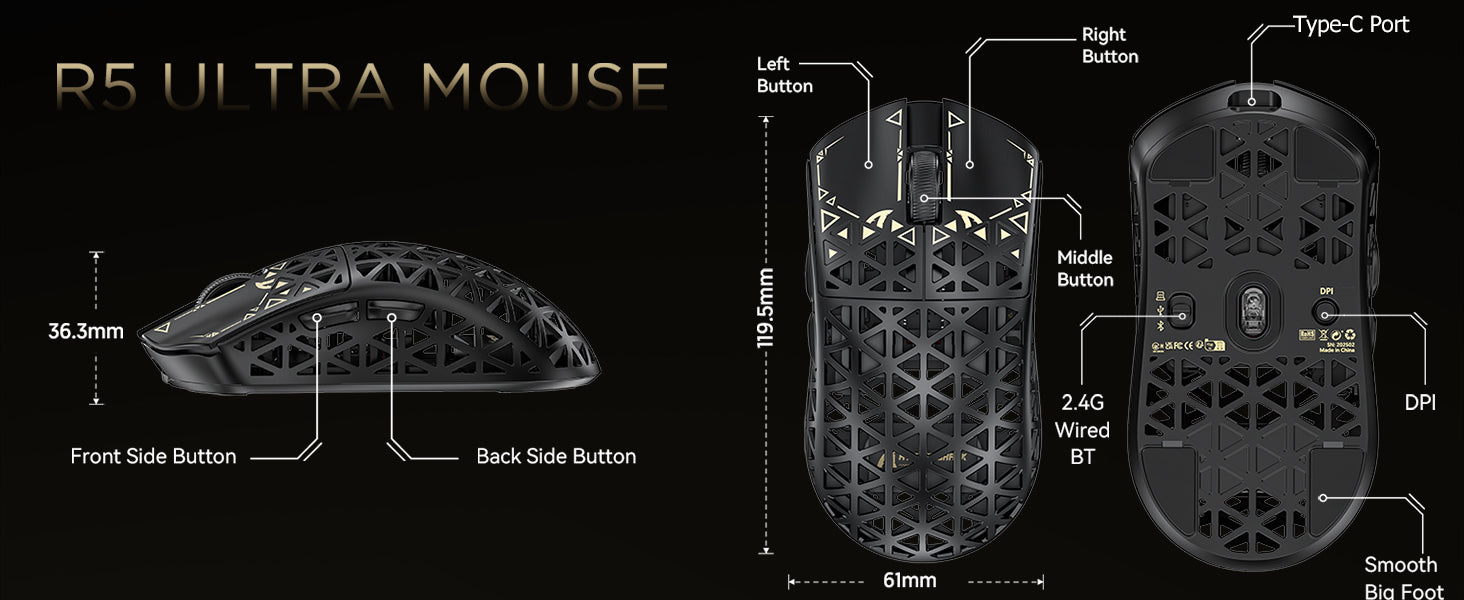 Ratón inalámbrico para juegos ATTACK SHARK R5 Ultra Carbon Fiber 8K PAW3950MAX