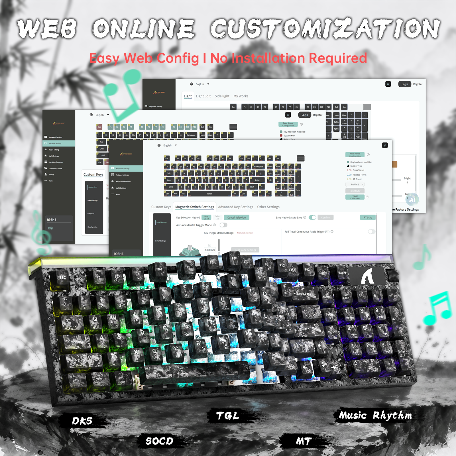 Teclado con cable ATTACK SHARK R98 HE de fibra de carbono, gatillo rápido, interruptor magnético y cable en espiral C01 Ultra RGB