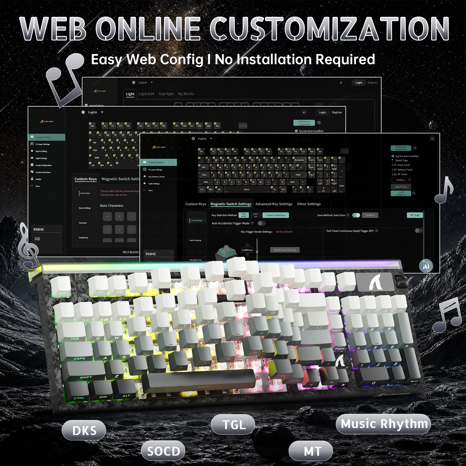 Teclado con cable ATTACK SHARK R98 HE de fibra de carbono, gatillo rápido, interruptor magnético y cable en espiral C01 Ultra RGB