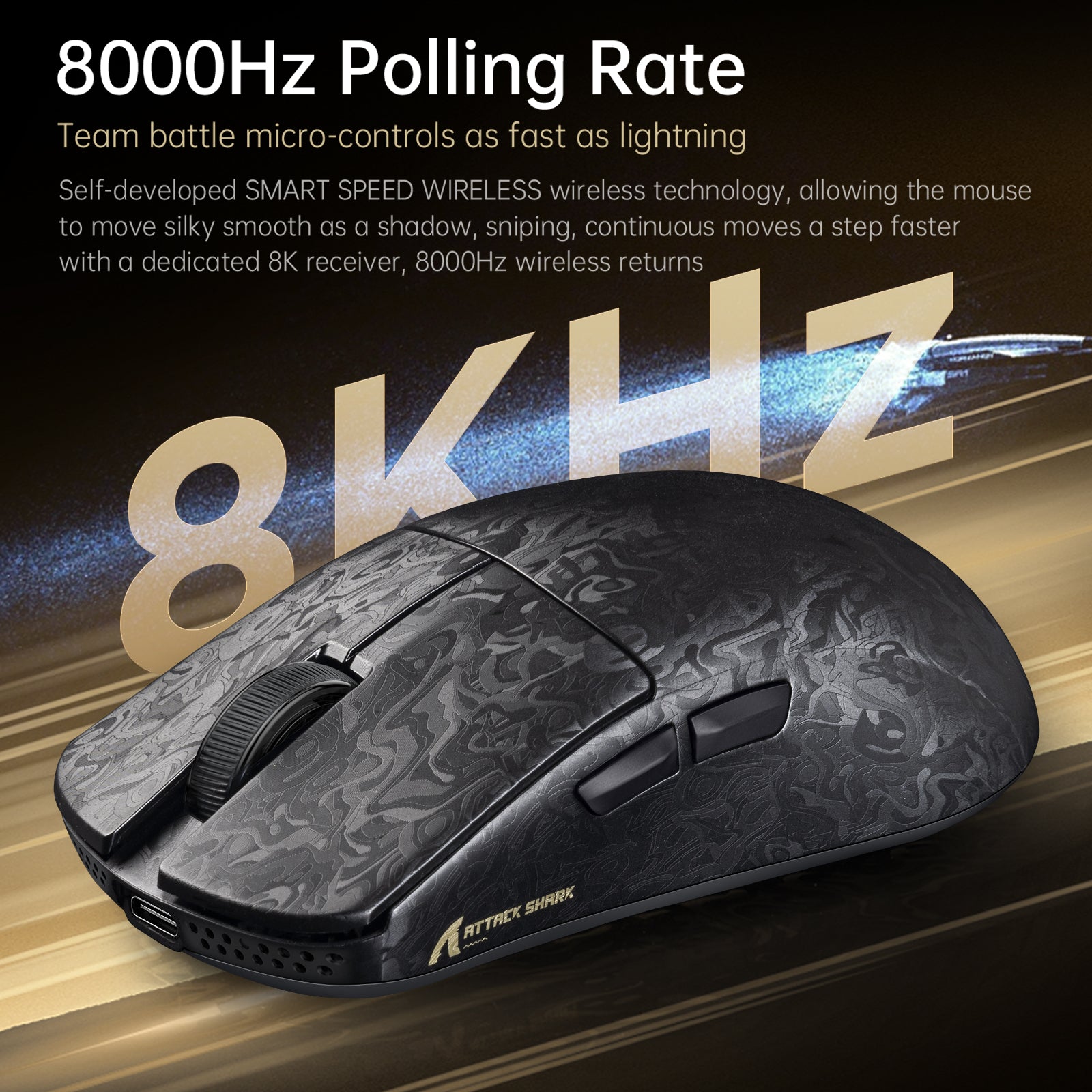 Attack Shark R11 ULTRA carbon fiber mouse, 8000Hz polling rate, unique swirling pattern.