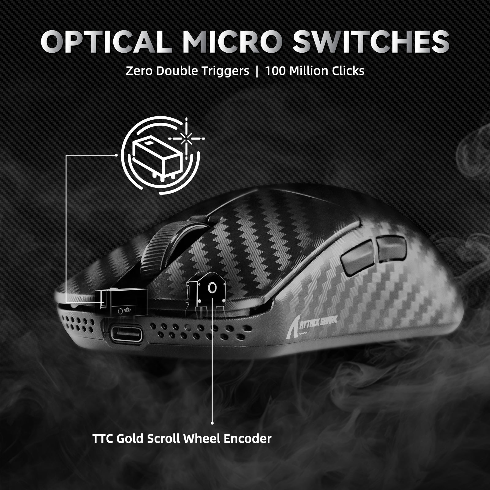 Ratón para juegos inalámbrico ATTACK SHARK R11 ULTRA Carbon Fiber 8K PAW3950MAX con cable LED Ultra C06