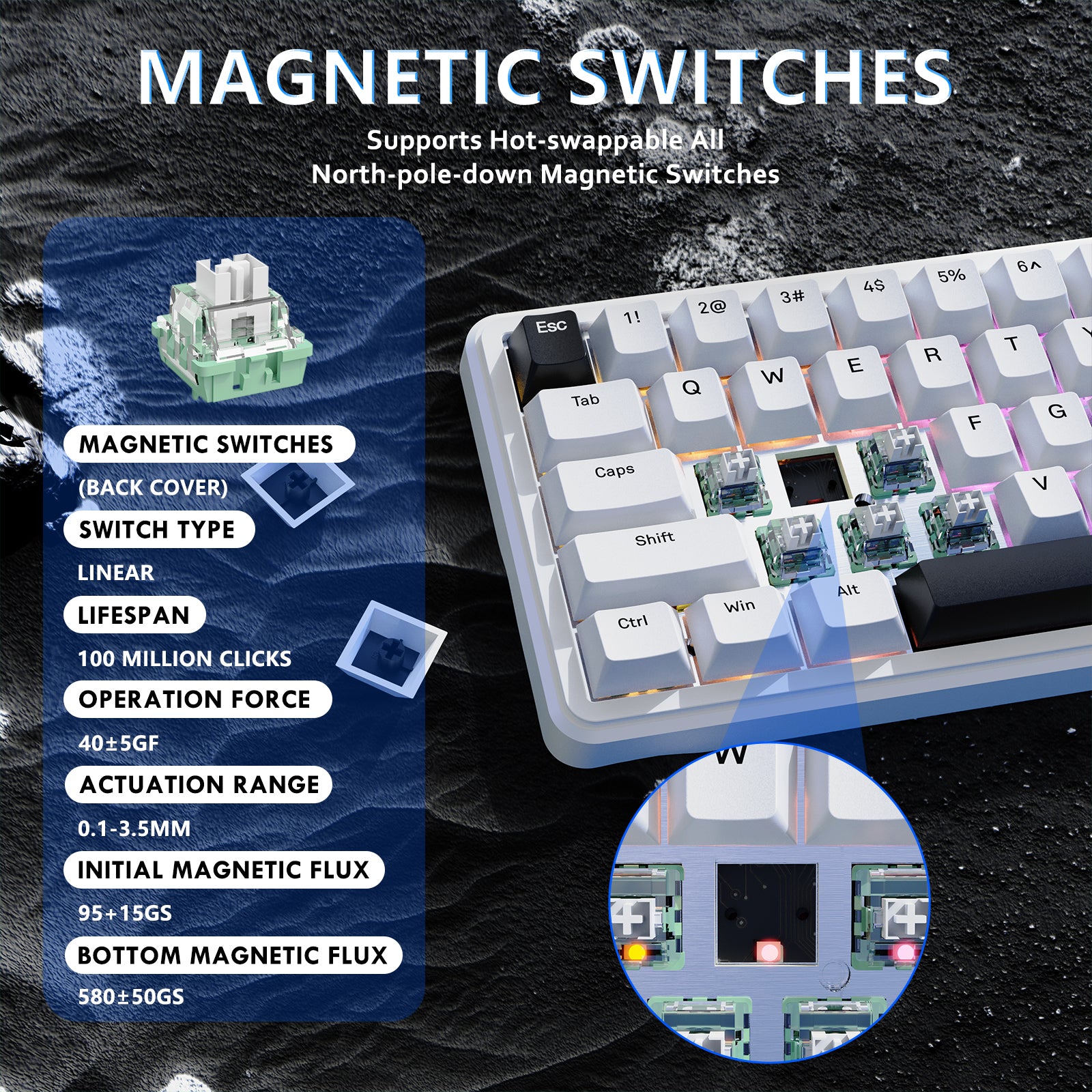 ATTACK SHARK X65 HE Keyboard showing magnetic switches details