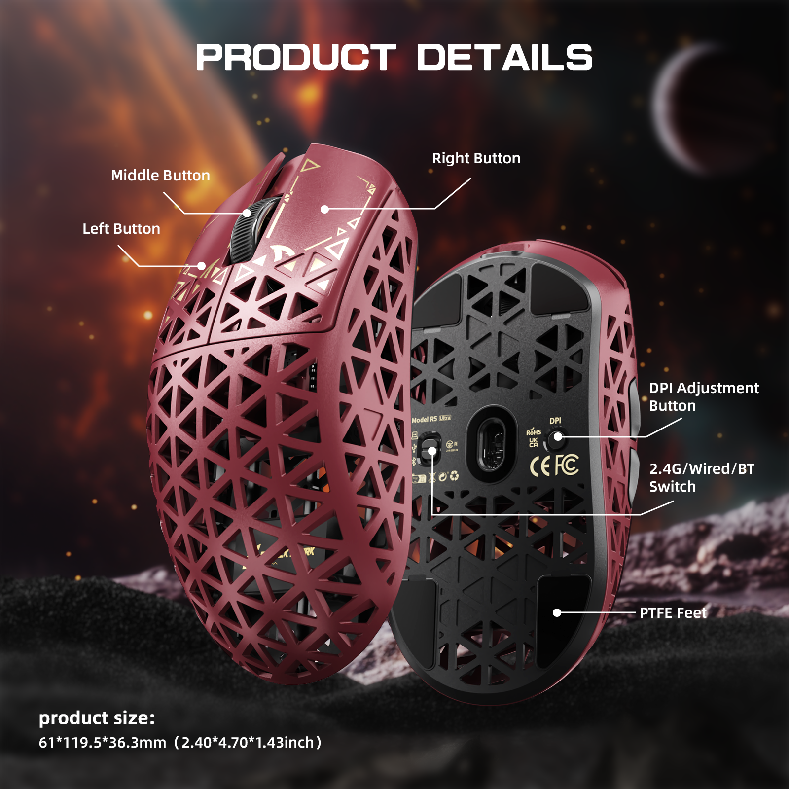 Ratón para juegos inalámbrico ATTACK SHARK R5 ULTRA de fibra de carbono 8K PAW3950MAX