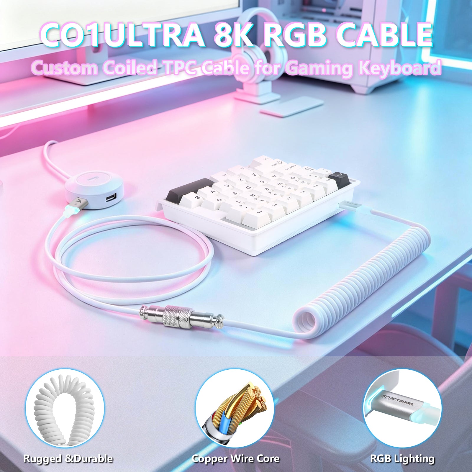 Teclado con interruptor magnético de una mano ATTACK SHARK M36 HE y cable aviador LED ULTRA C01