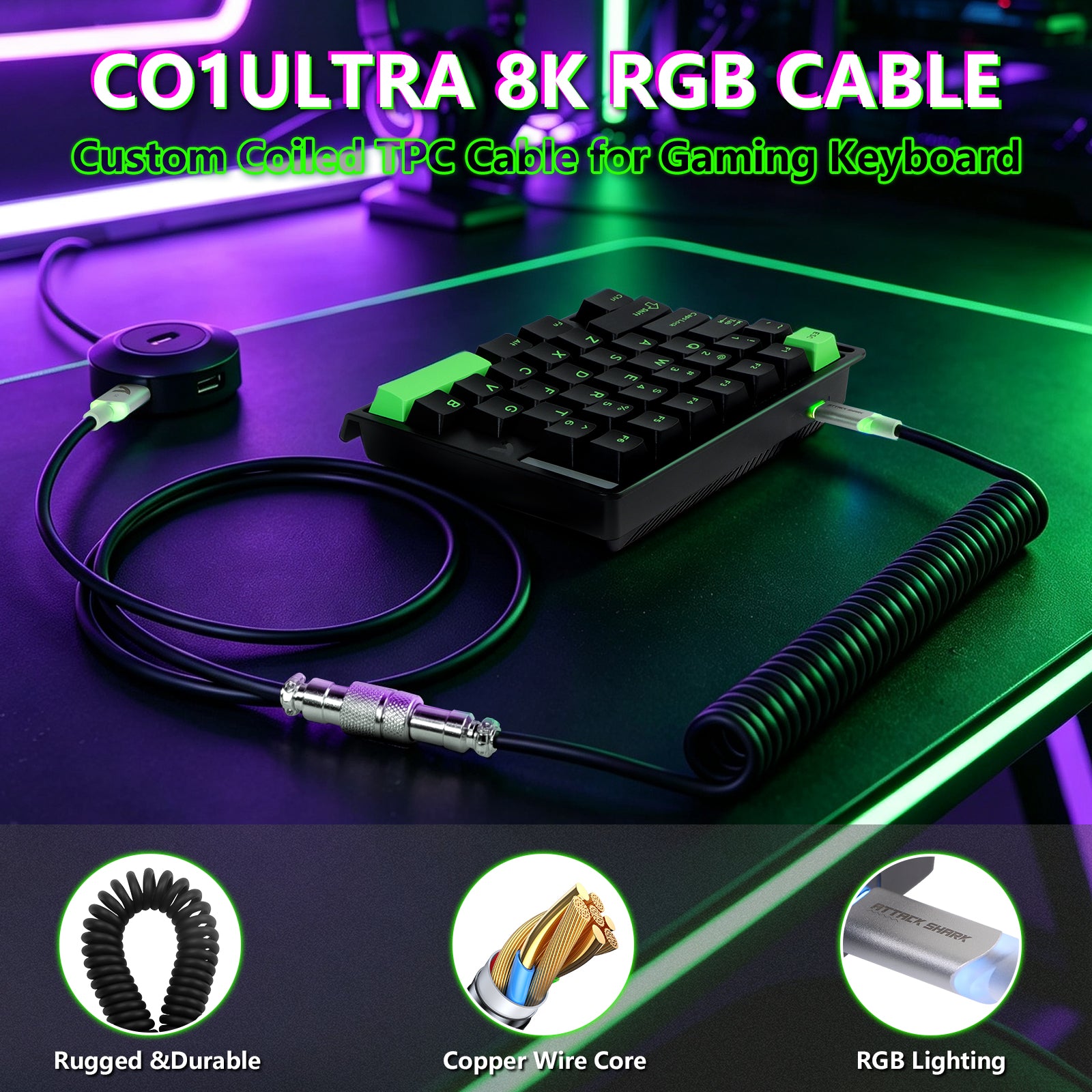 Teclado con interruptor magnético de una mano ATTACK SHARK M36 HE y cable aviador LED ULTRA C01