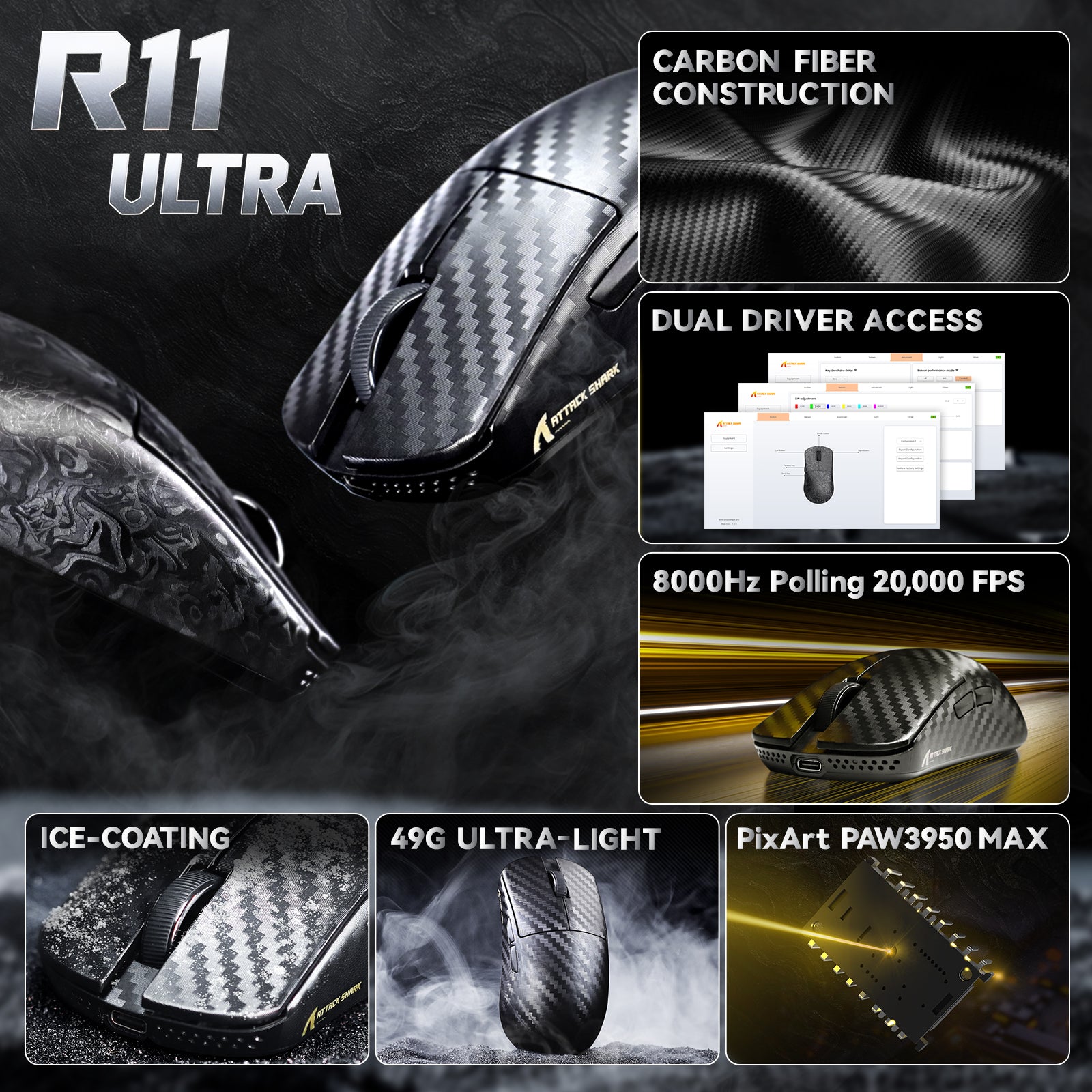Ratón inalámbrico para juegos ATTACK SHARK R11 ULTRA de fibra de carbono 8K PAW3950MAX con cable C06 Ultra LED