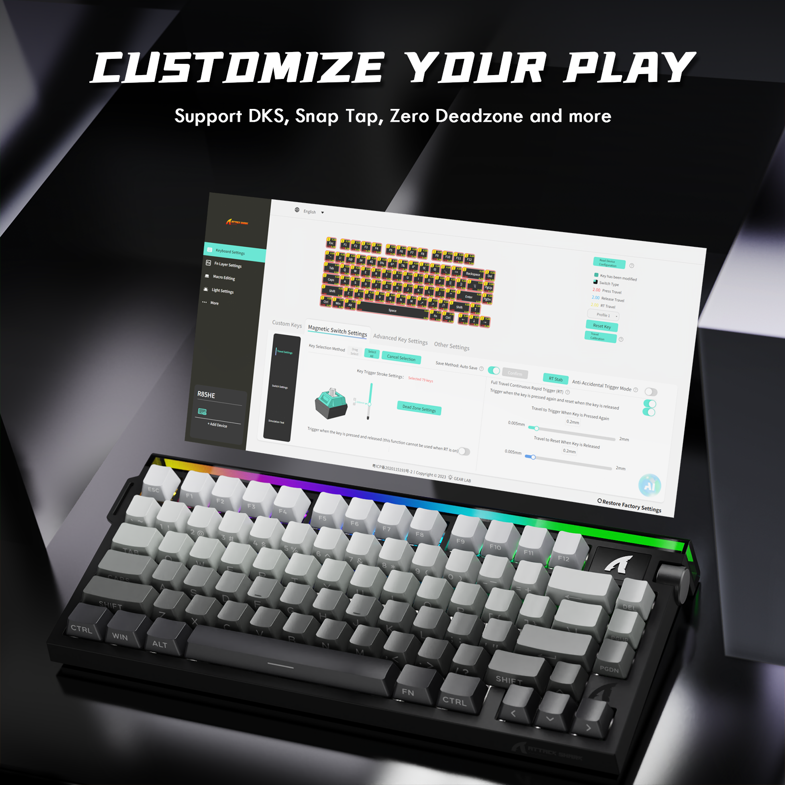 Teclado ATTACK SHARK R85 HE Rapid Trigger con interruptor magnético y caja de luz personalizada