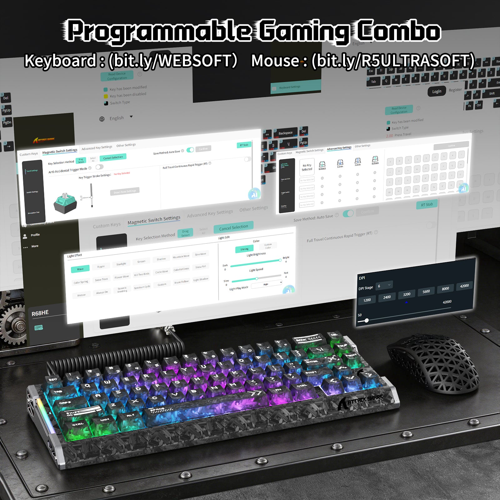 Paquete gaming ATTACK SHARK R68 HE & R5 ULTRA de fibra de carbono con cable en espiral C01 ULTRA