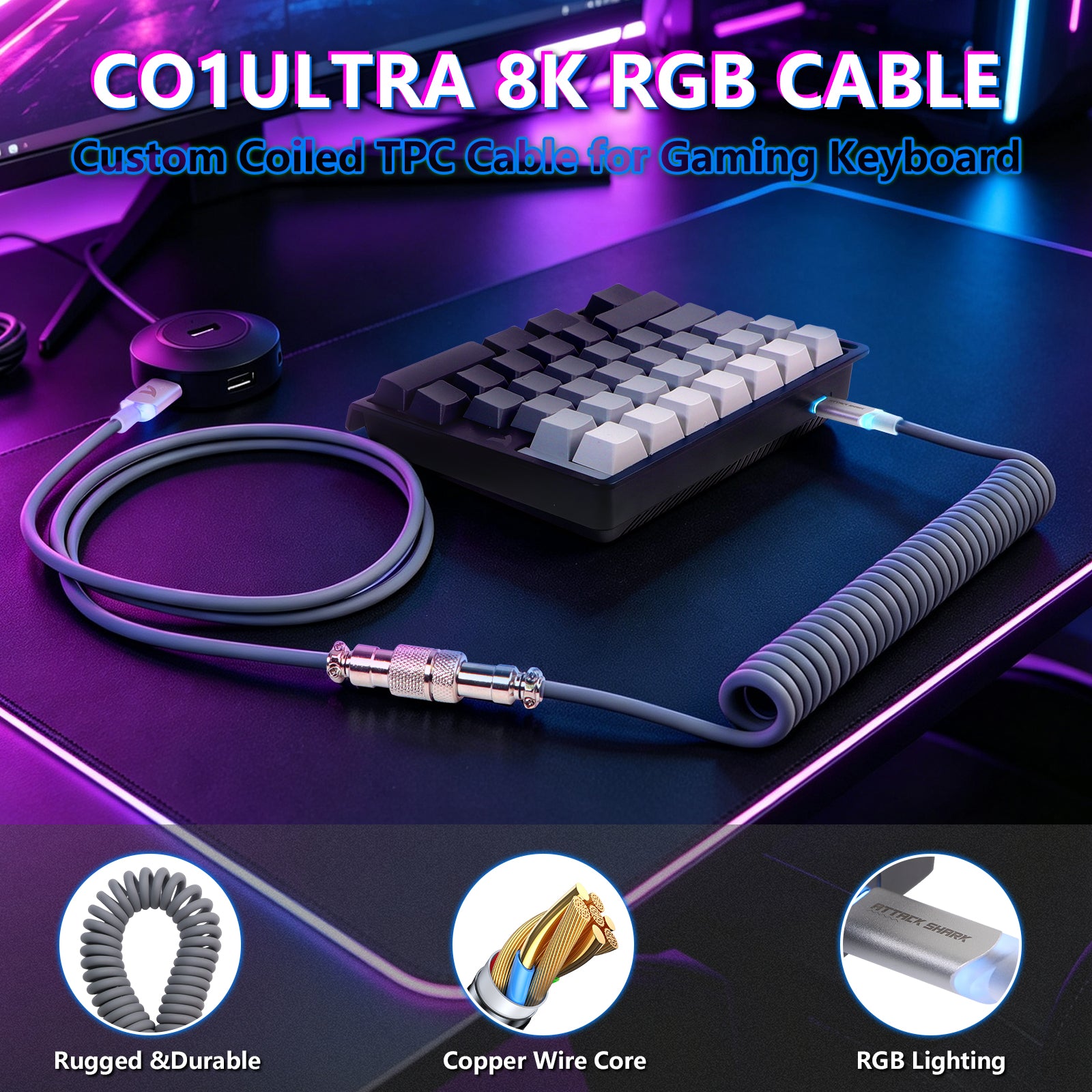 Teclado con interruptor magnético de una mano ATTACK SHARK M36 HE y cable aviador LED ULTRA C01