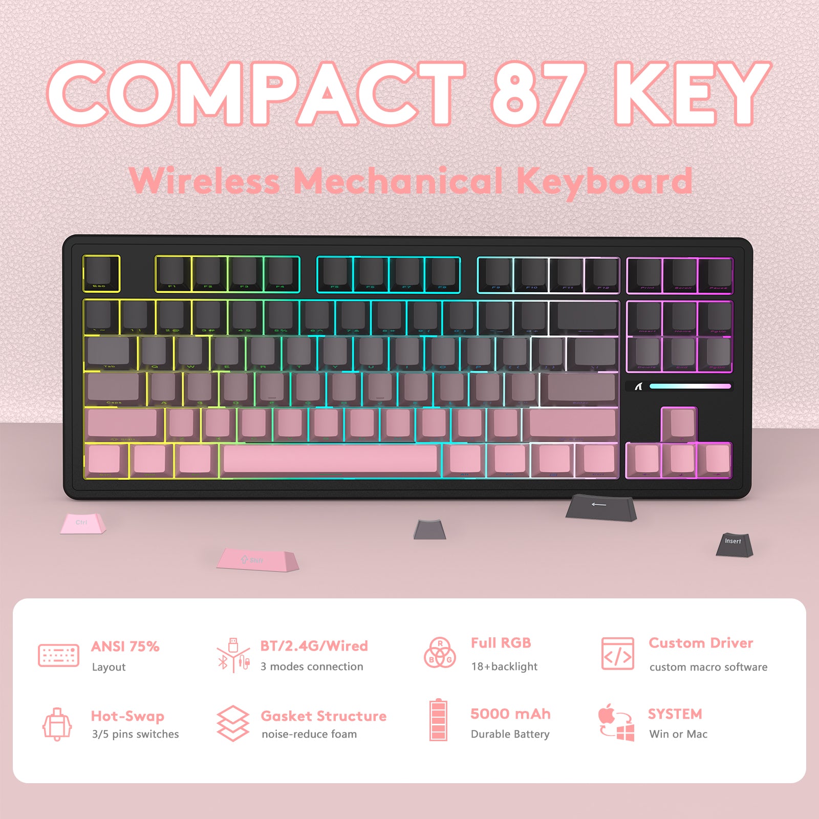 ATTACK SHARK M87PRO wireless mechanical keyboard, 87-key layout, full RGB, side-printed keycaps, Gasket Structure.