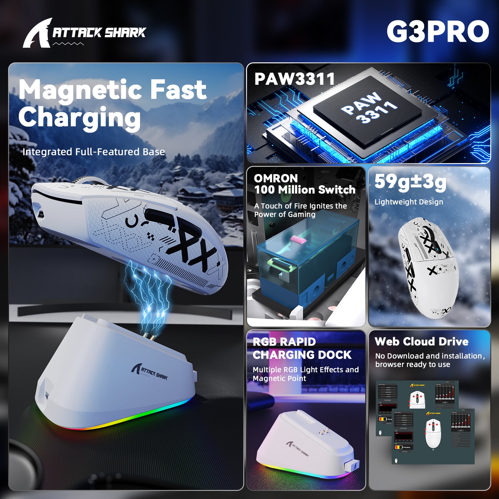 Ratón inalámbrico para juegos ATTACK SHARK G3PRO de tres modos con base de carga, 25 000 DPI, ultraligero