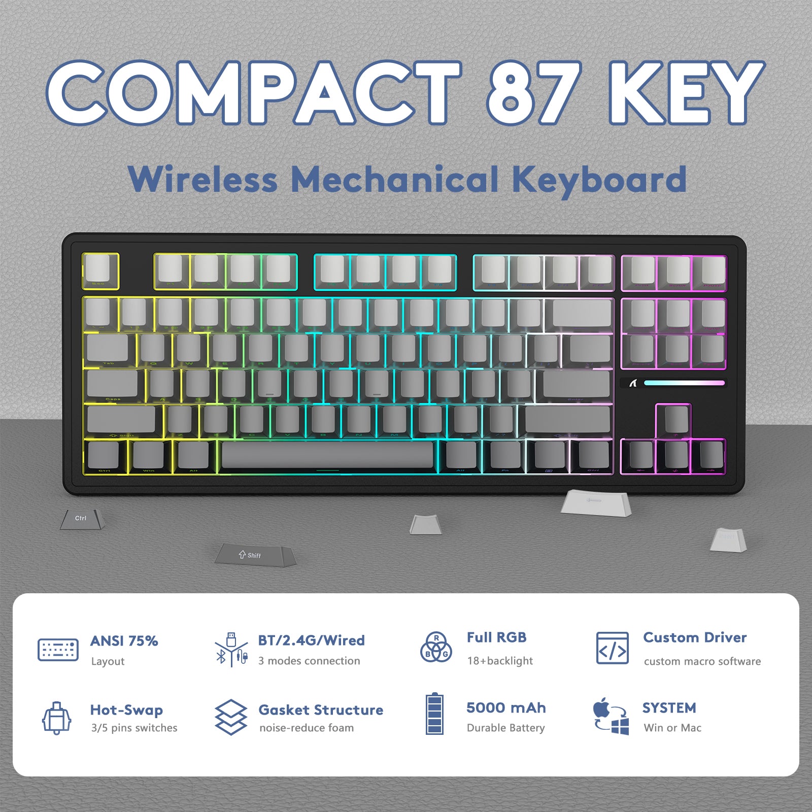 ATTACK SHARK M87PRO Wireless Mechanical Keyboard with RGB and Side Printed PBT Keycaps