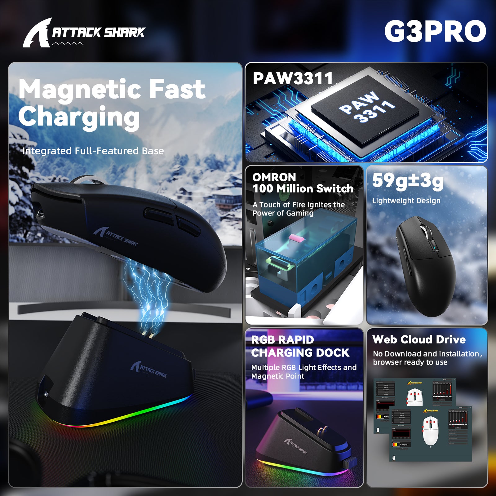 Ratón inalámbrico para juegos ATTACK SHARK G3PRO de tres modos con base de carga, 25 000 DPI, ultraligero