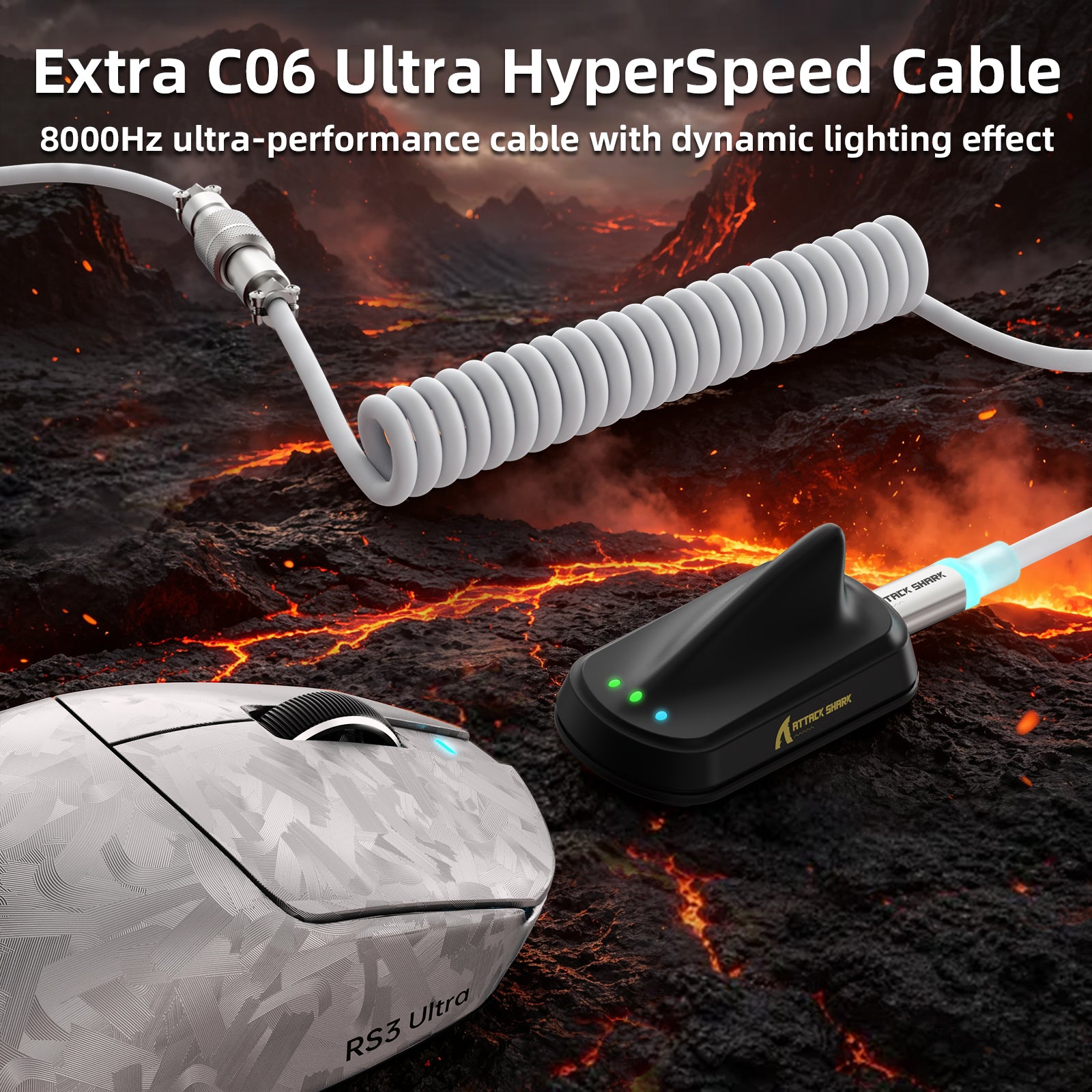 Ratón para juegos inalámbrico ATTACK SHARK RS3 ULTRA Carbon Fiber PAW3955MAX con cable LED Ultra C06