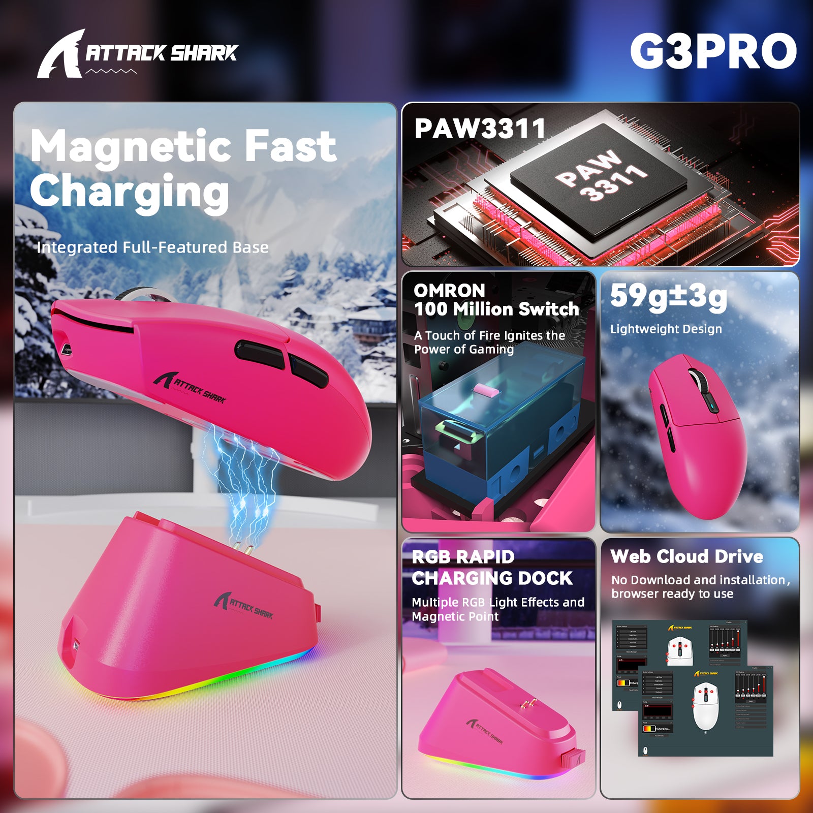 Ratón inalámbrico para juegos ATTACK SHARK G3PRO de tres modos con base de carga, 25 000 DPI, ultraligero