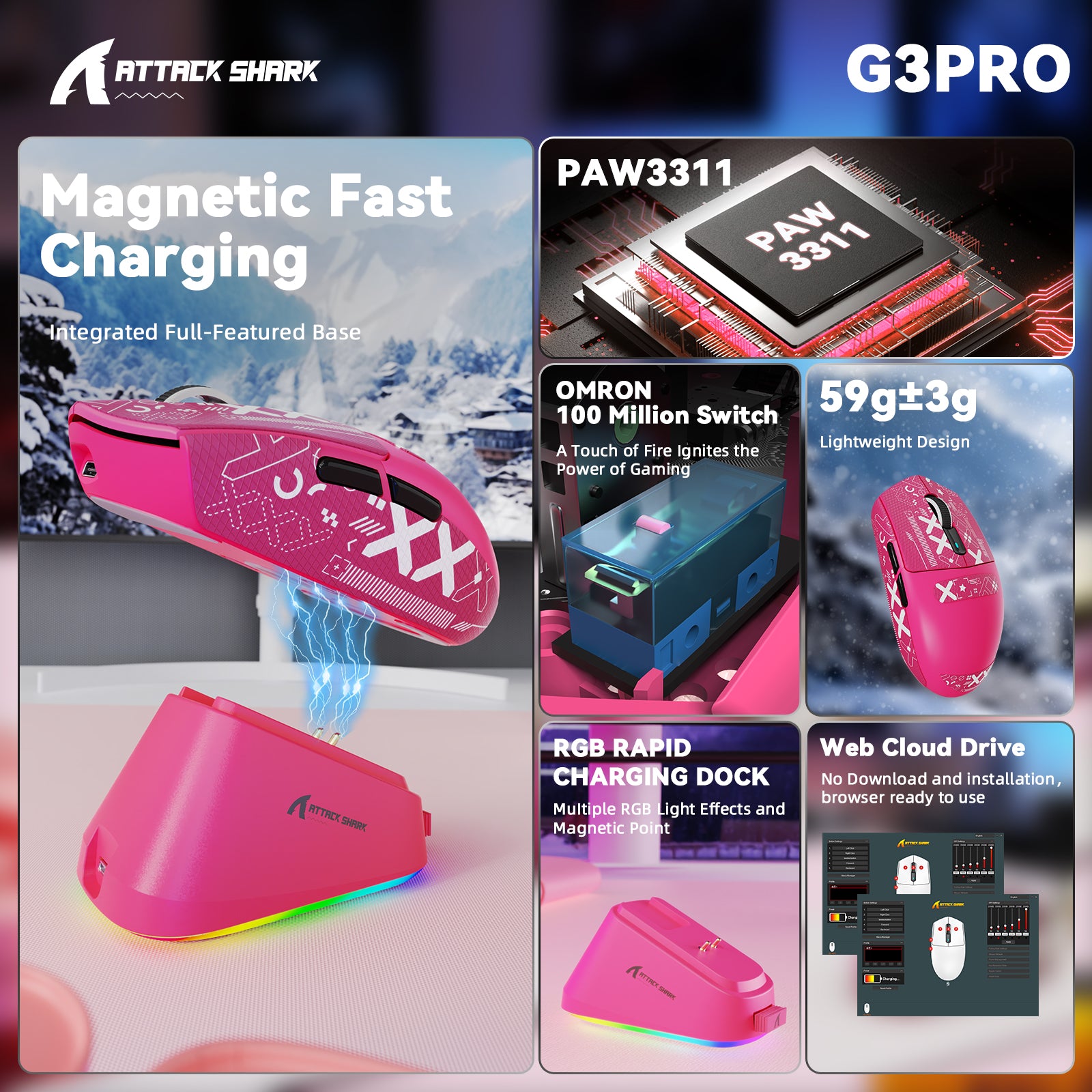 Ratón inalámbrico para juegos ATTACK SHARK G3PRO de tres modos con base de carga, 25 000 DPI, ultraligero