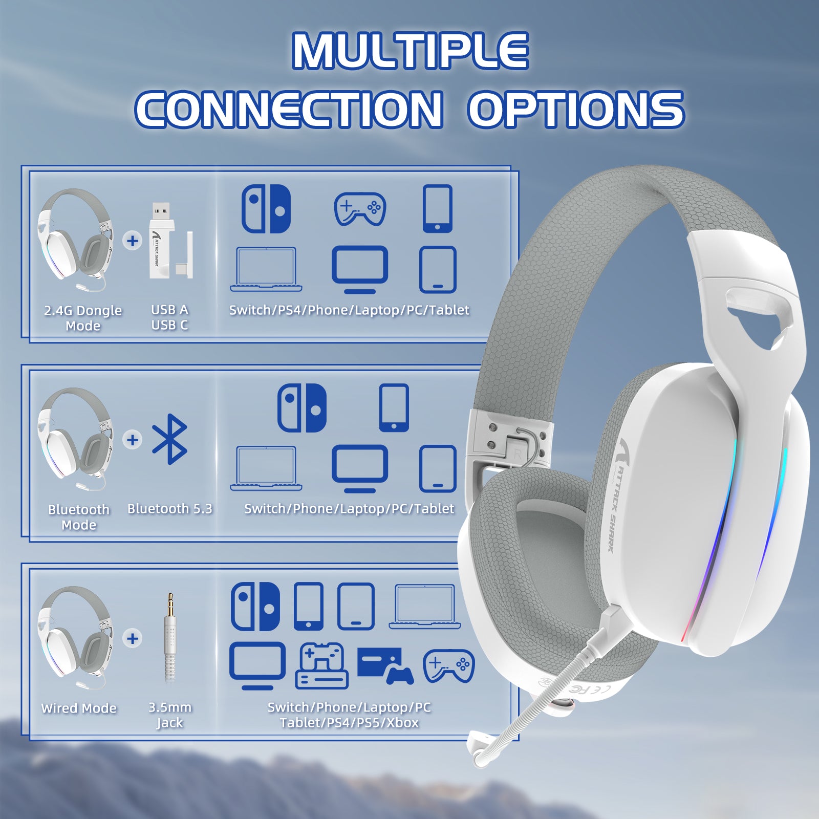 ATTACK SHARK L90 gaming headset multiple connection options: 2.4G dongle, Bluetooth, and 3.5mm jack, white and grey design