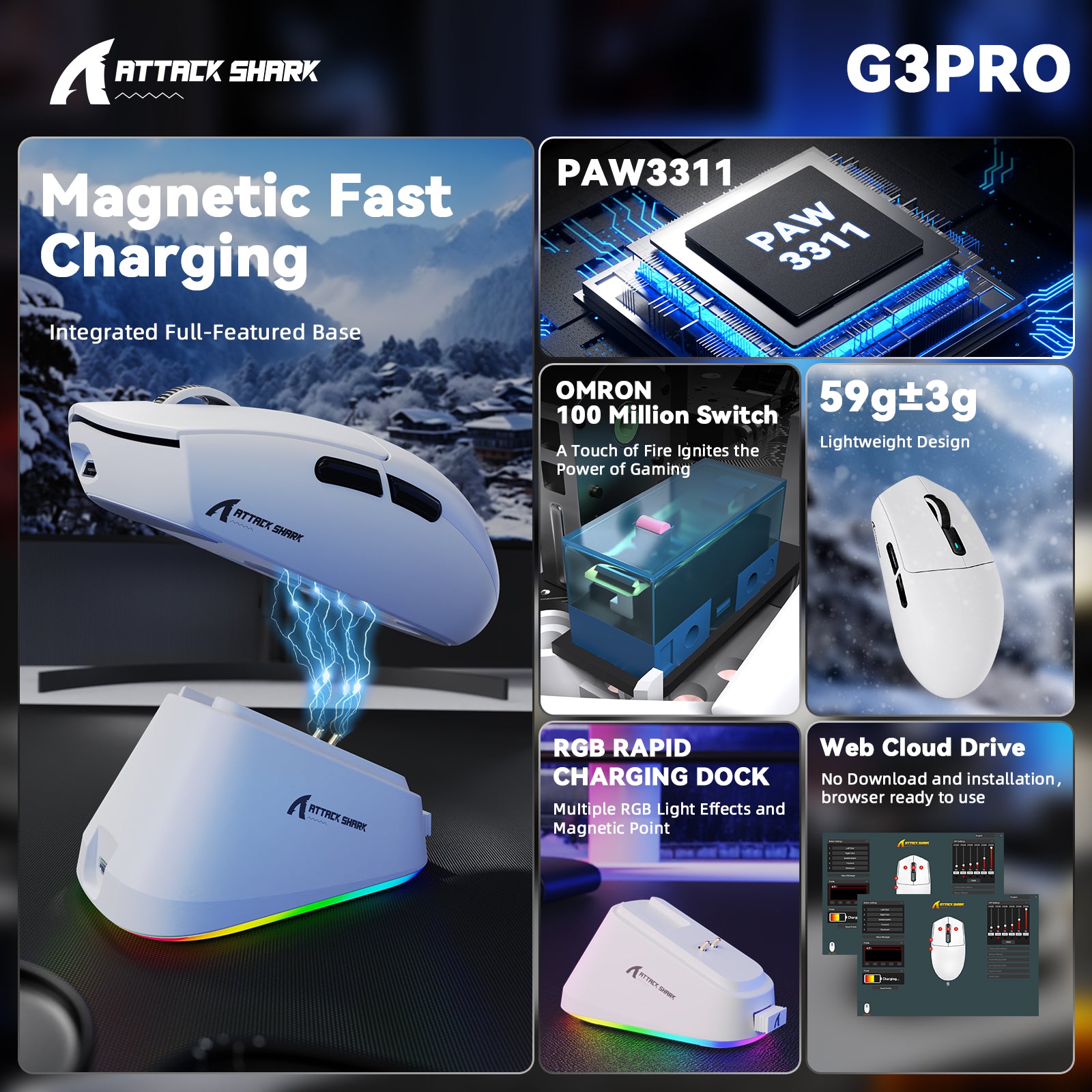 Ratón inalámbrico para juegos ATTACK SHARK G3PRO de tres modos con base de carga, 25 000 DPI, ultraligero