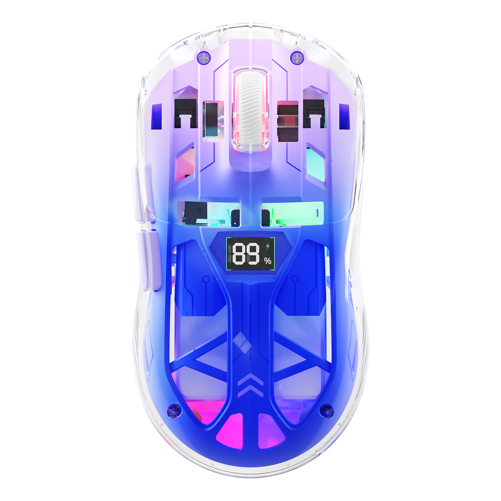 Transparent blue RGB wireless gaming mouse with battery display