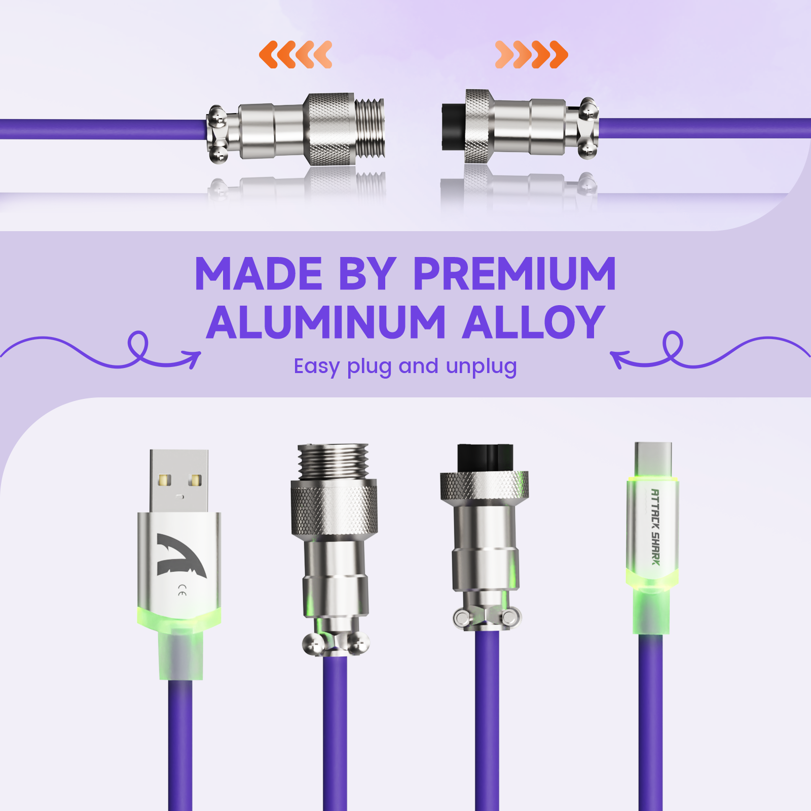 ATTACK SHARK custom aviator cable, aluminum alloy connectors for mechanical keyboards, easy plug & unplug, purple color.