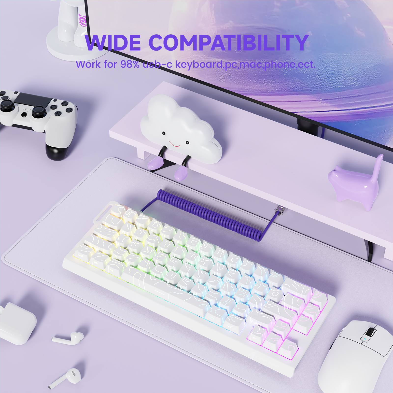 ATTACK SHARK mechanical keyboard setup, featuring purple aviator cable, RGB lighting, and wide USB-C compatibility.