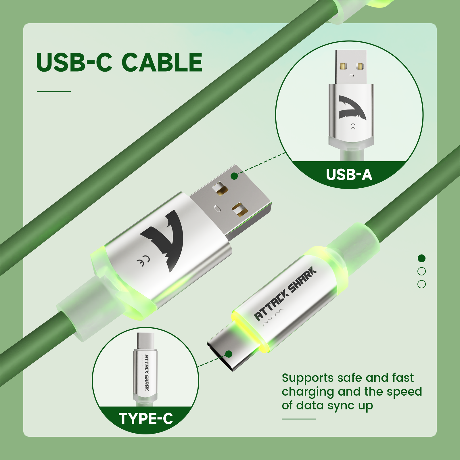 ATTACK SHARK USB-C Cable, supports fast charging and data sync for mechanical gaming keyboards, green cable