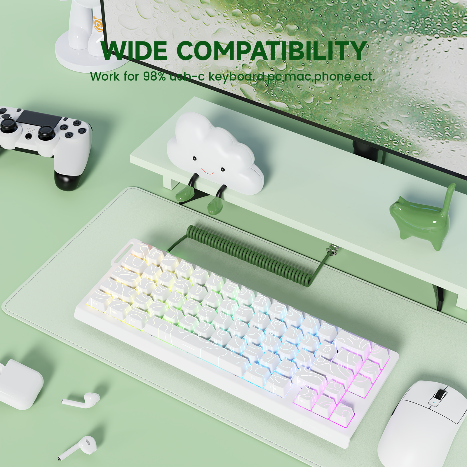 ATTACK SHARK mechanical keyboard setup, highlighting wide USB-C compatibility, RGB lighting, and coiled aviator cable.