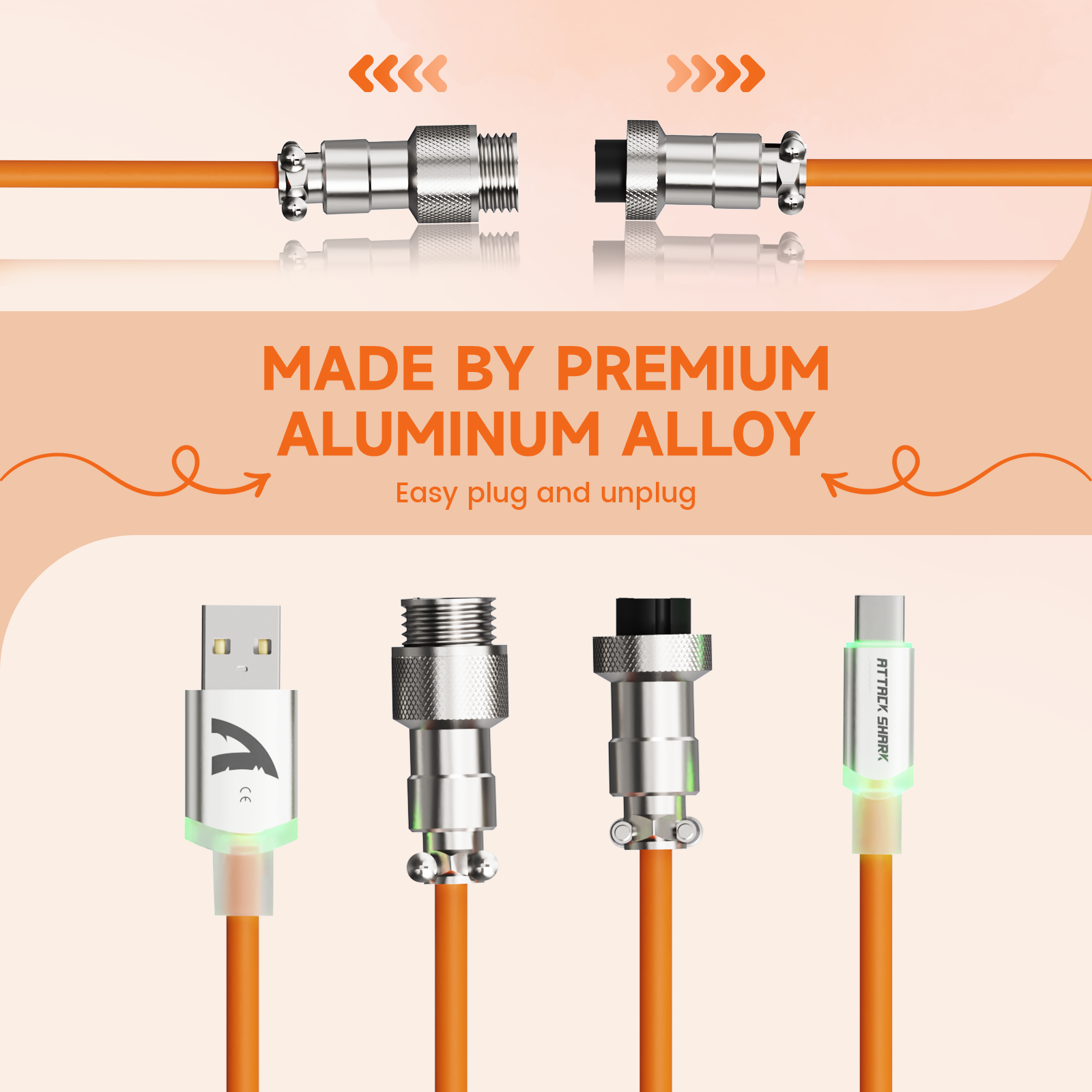 ATTACK SHARK C01Ultra Aviator Cable, orange cable, aluminum alloy connectors, easy plug & unplug, for mechanical keyboards.
