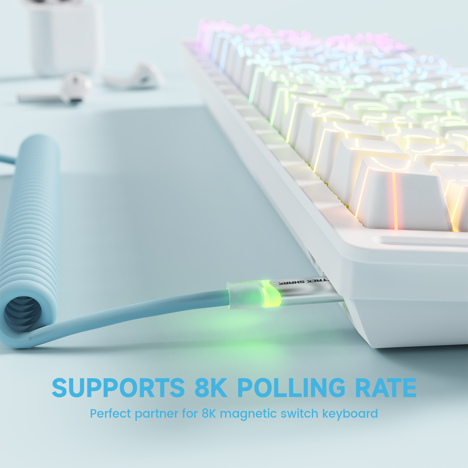 ATTACK SHARK C01Ultra coiled cable supporting 8K polling rate for mechanical keyboard. Blue cable.