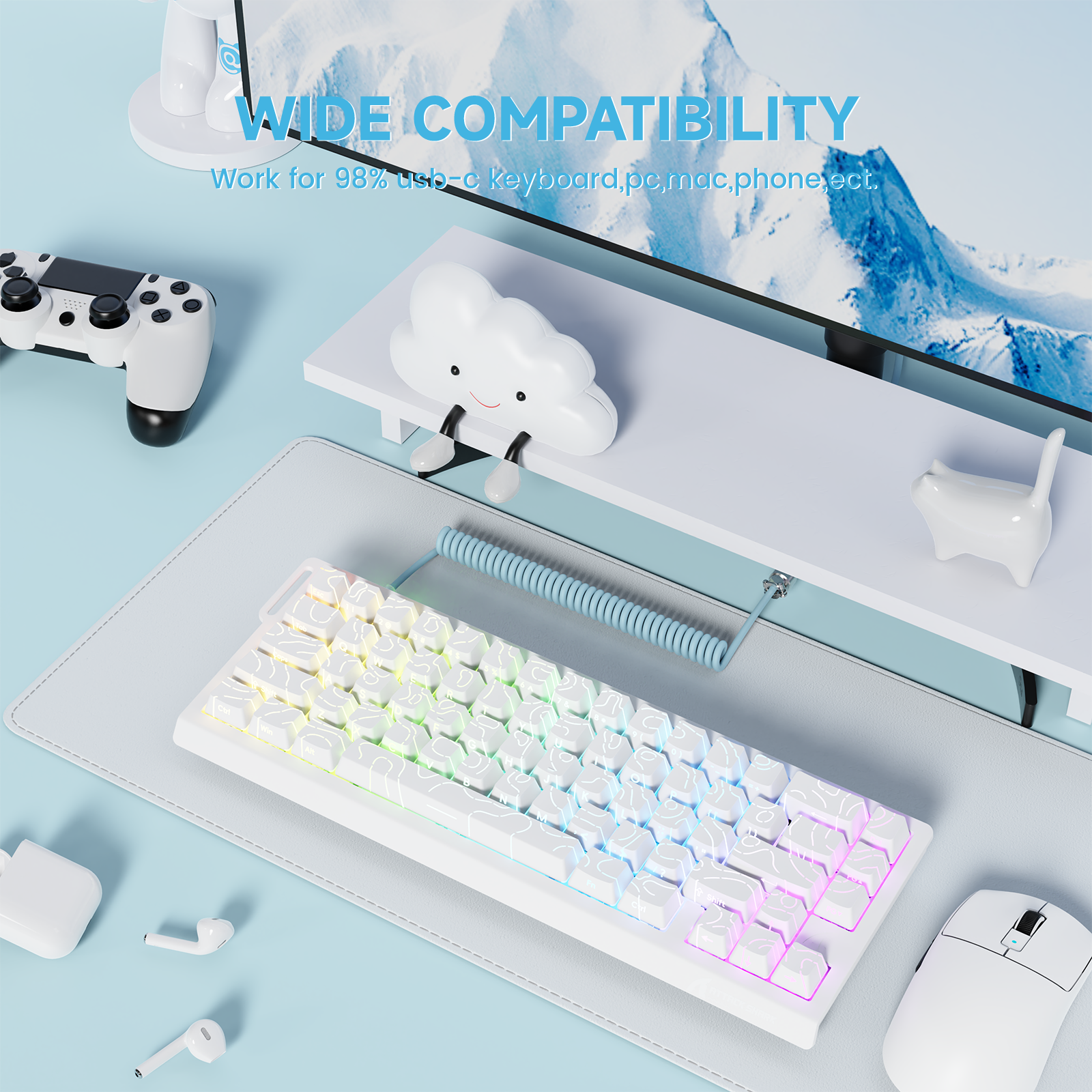 White mechanical keyboard with blue coiled cable, wide USB-C compatibility, with RGB lighting, supporting 8K polling rate.