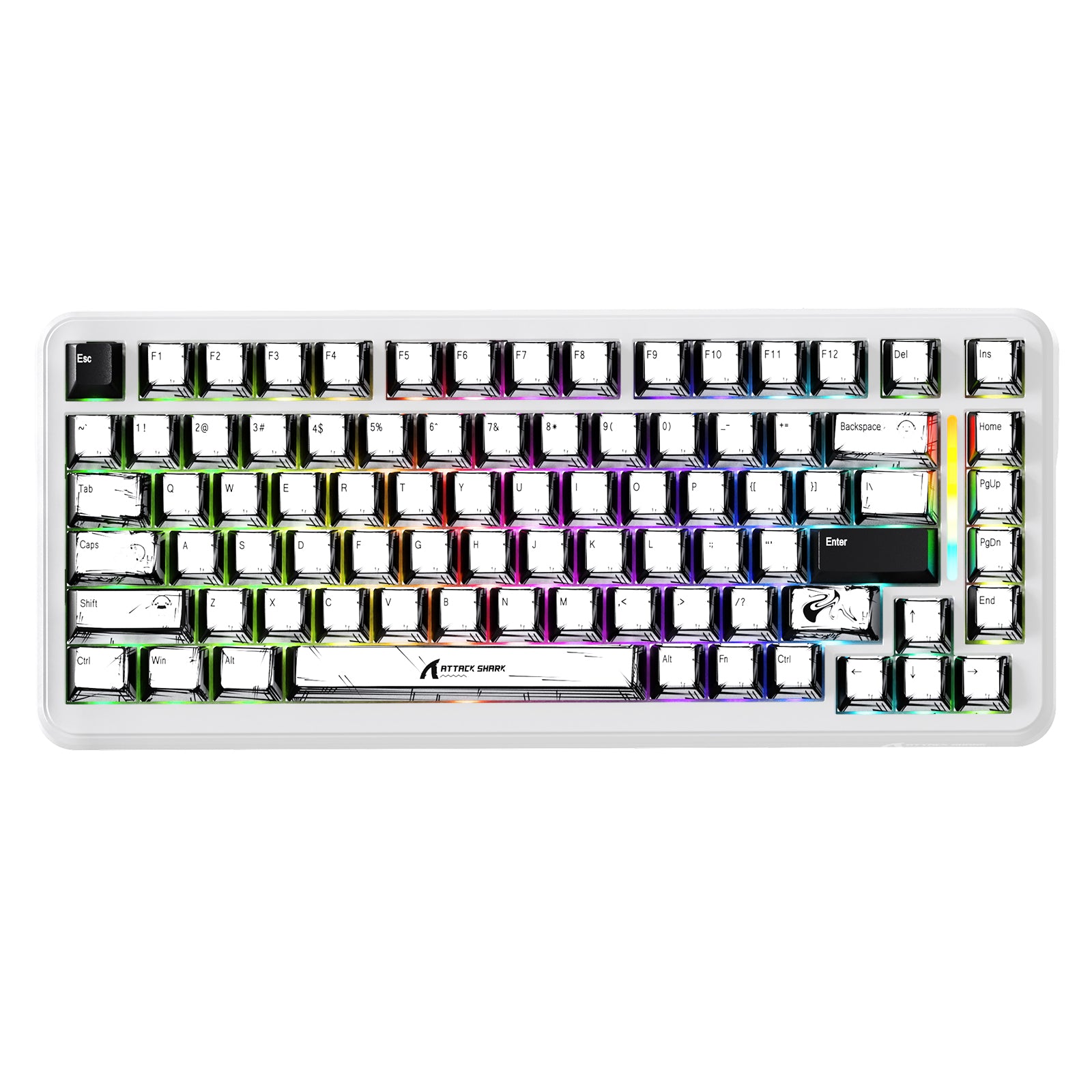 White ATTACK SHARK gaming keyboard with sketch art keycaps and RGB
