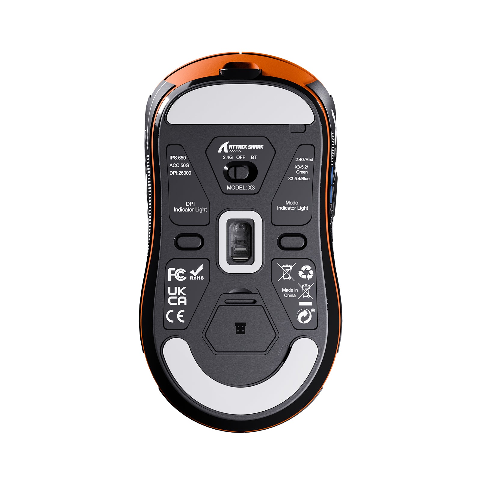 ATTACK SHARK X3 Wireless Gaming Mouse bottom view, orange and black design, model details, DPI indicator lights