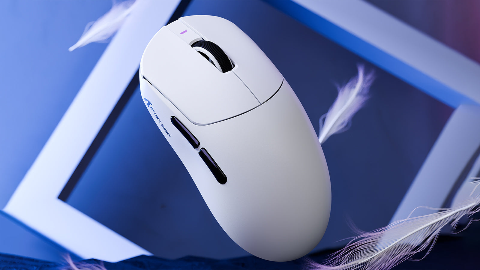 White lightweight wireless gaming mouse floating among white feathers on a blue background.