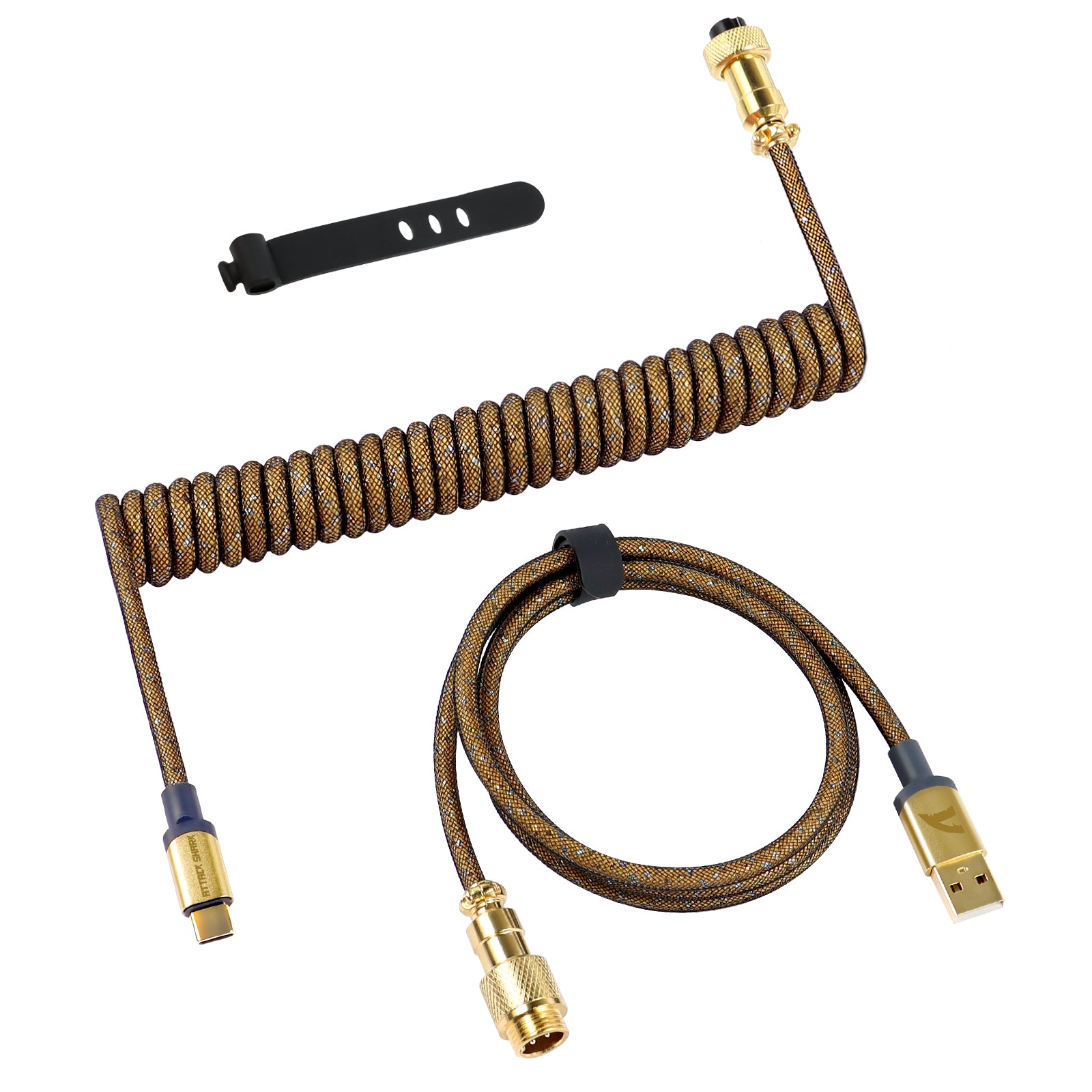 C03 coiled USB-C keyboard cable with gold connectors and tangle-resistant woven design.