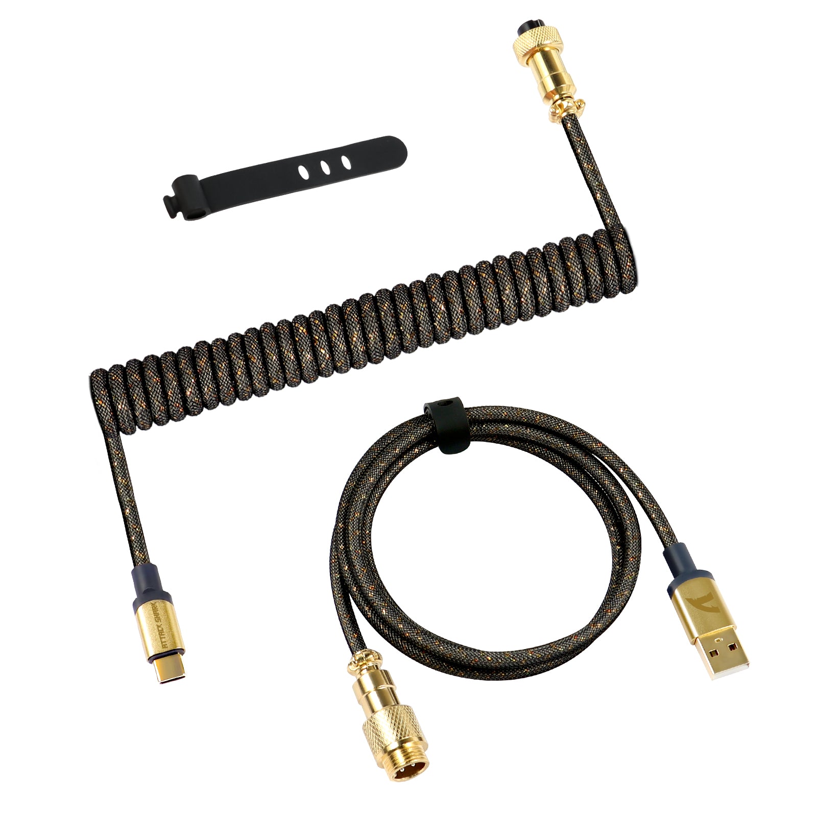 C03 coiled USB-C keyboard cable with gold connectors and textured black design.