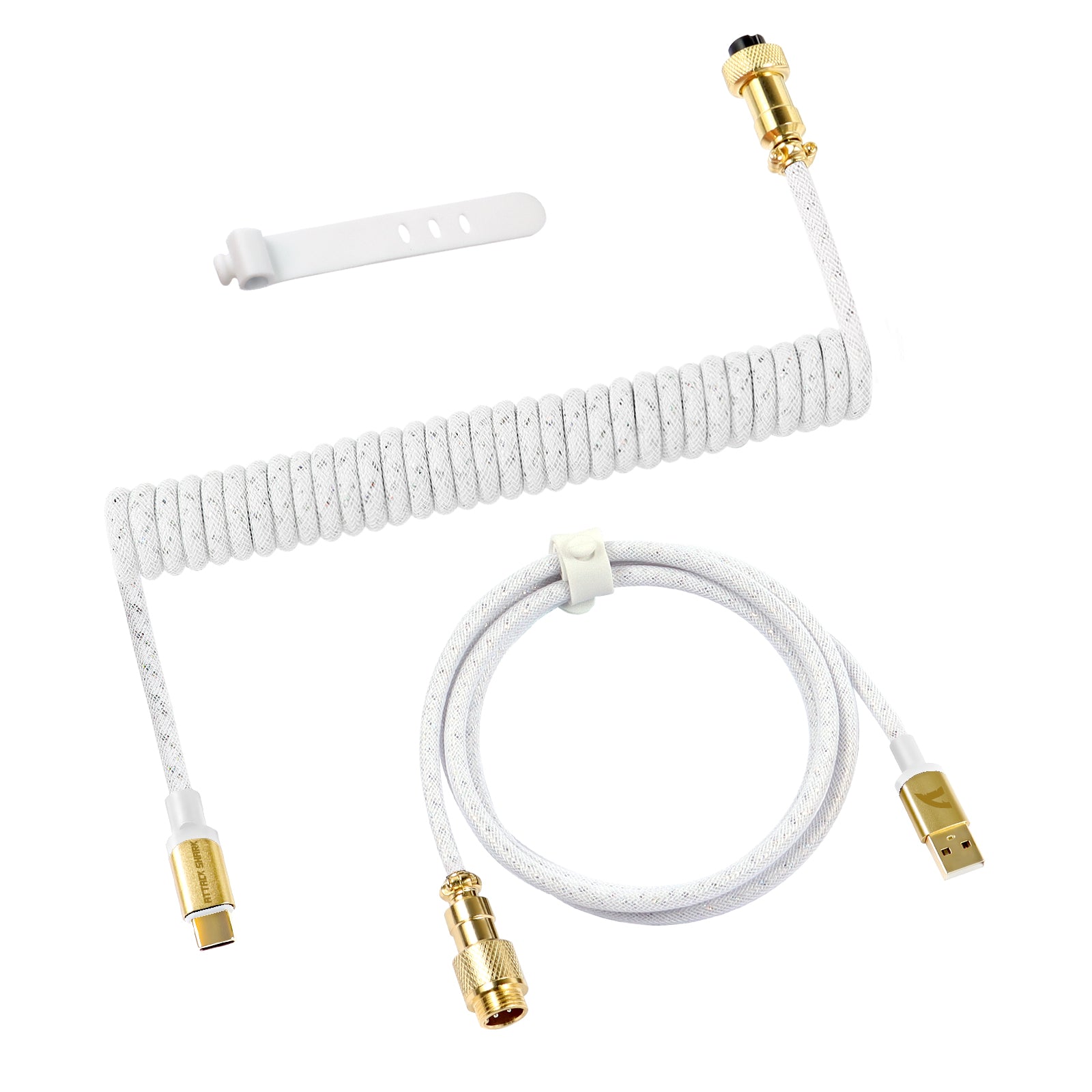 White C03 coiled USB-C keyboard cable with gold connectors and tangle-resistant design