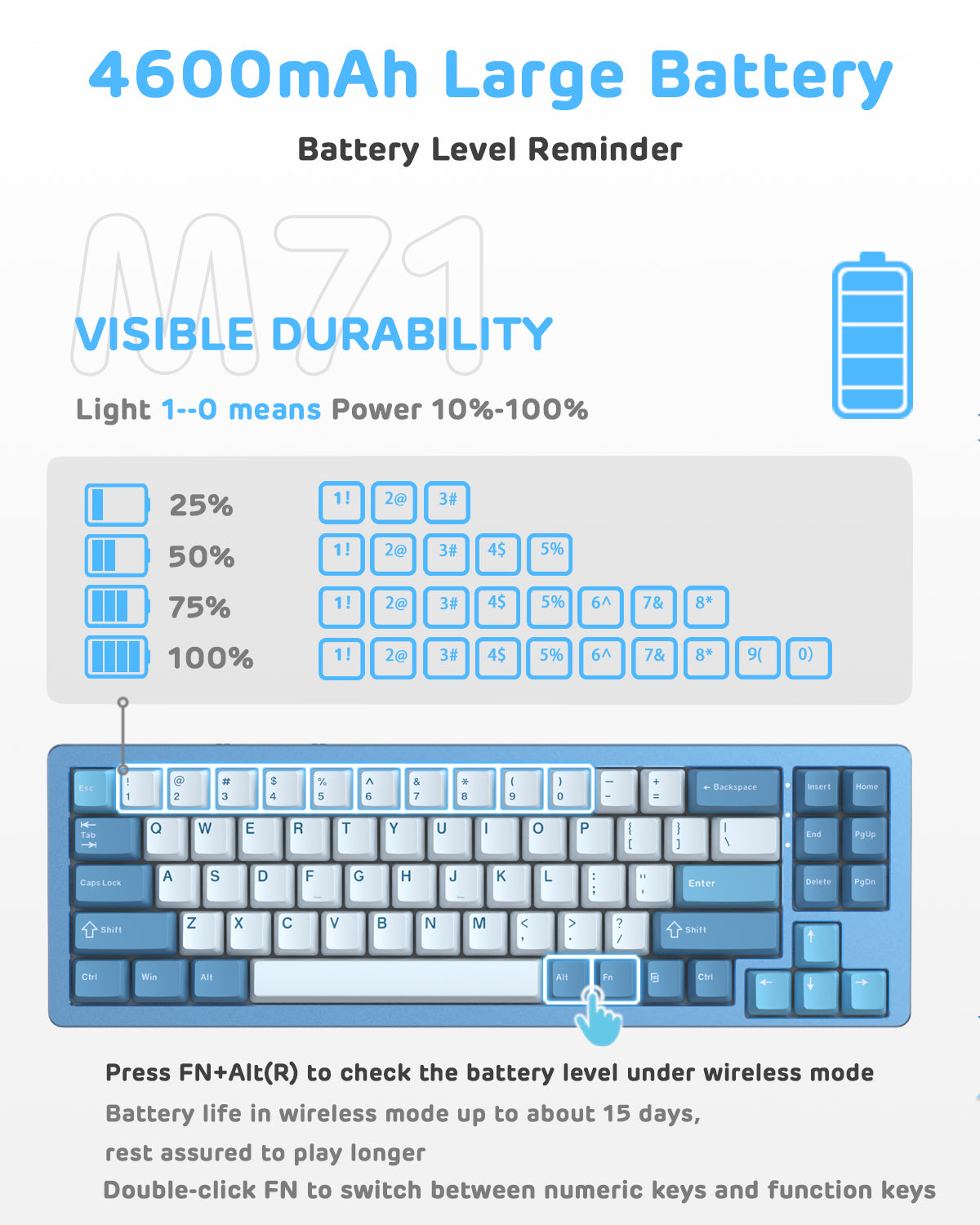 Battery level reminder for Attack Shark M71 keyboard with 4600mAh capacity.