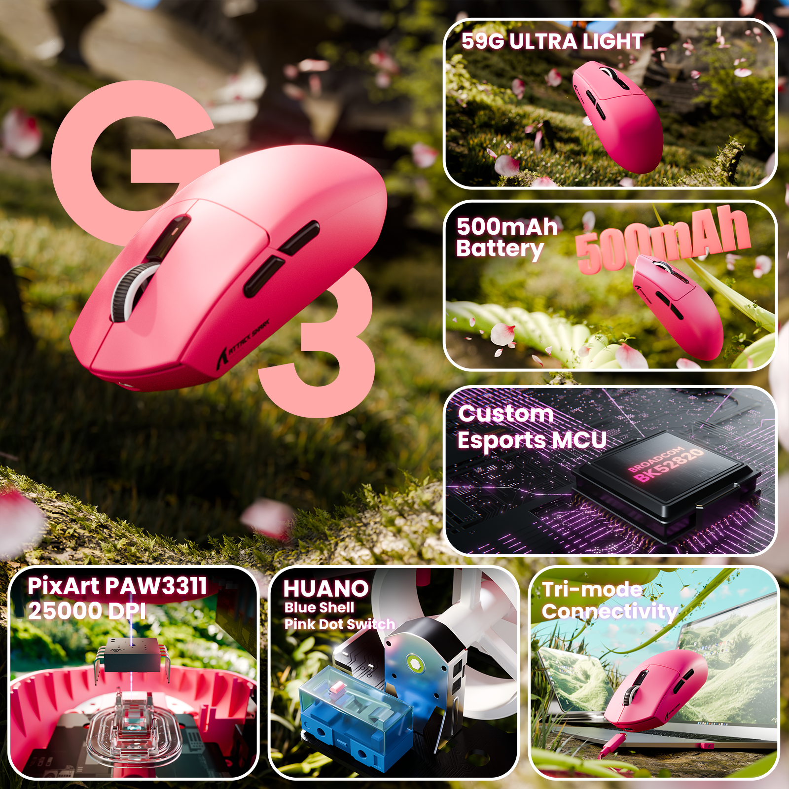 ATTACK SHARK G3 Ratón inalámbrico para juegos trimodo 25000 DPI Ultraligero