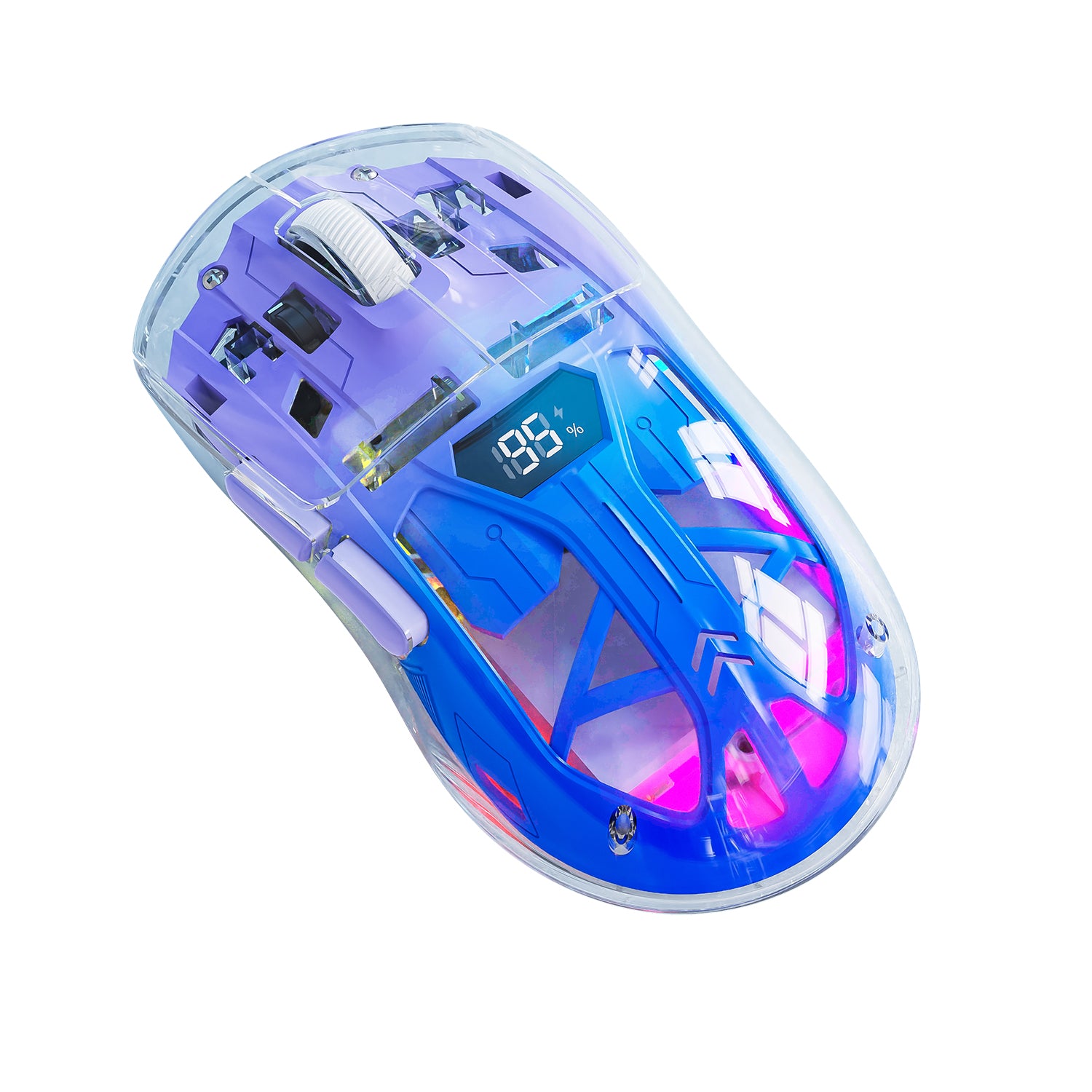 A2 wireless gaming mouse with transparent shell and colorful RGB lighting.