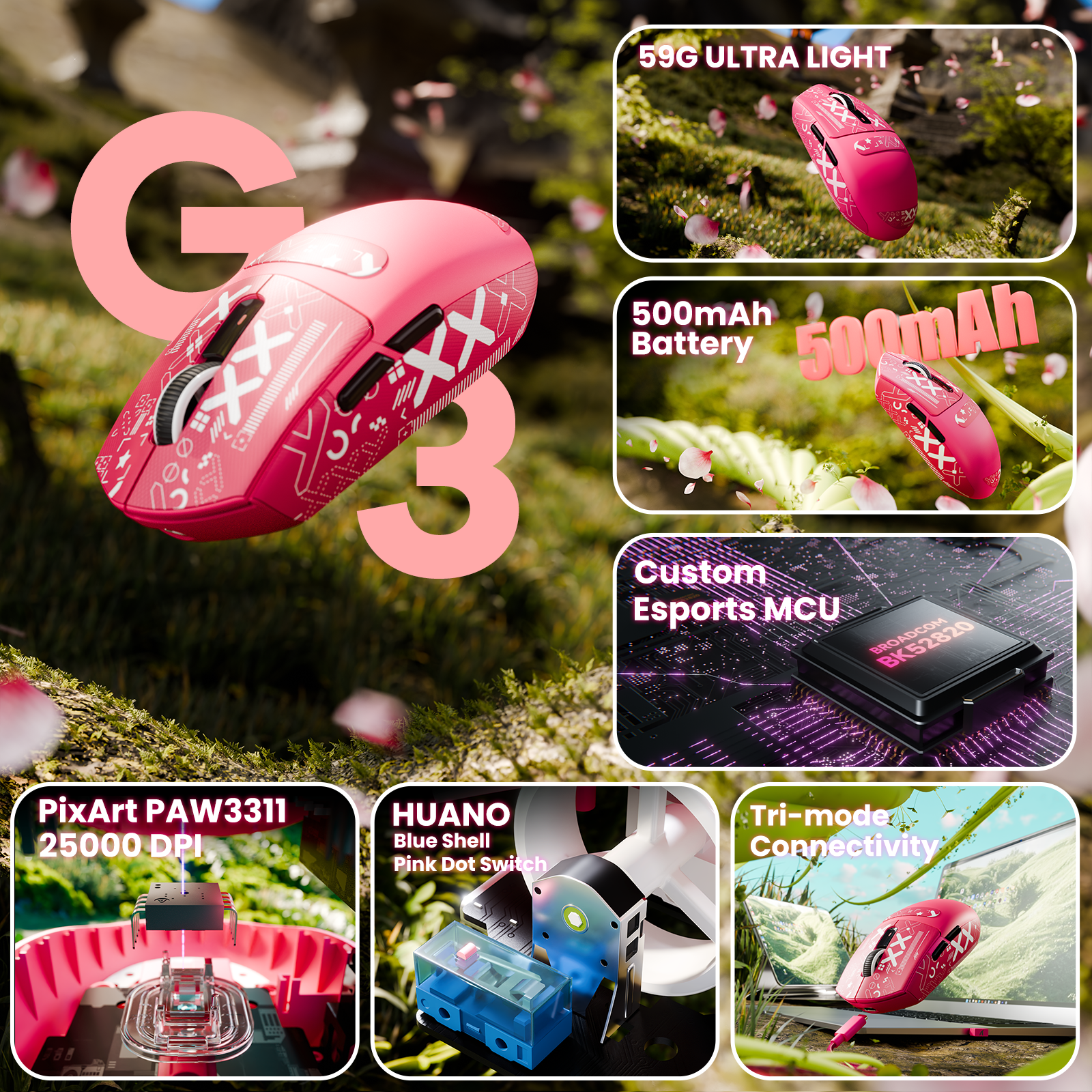 ATTACK SHARK G3 Ratón inalámbrico para juegos trimodo 25000 DPI Ultraligero