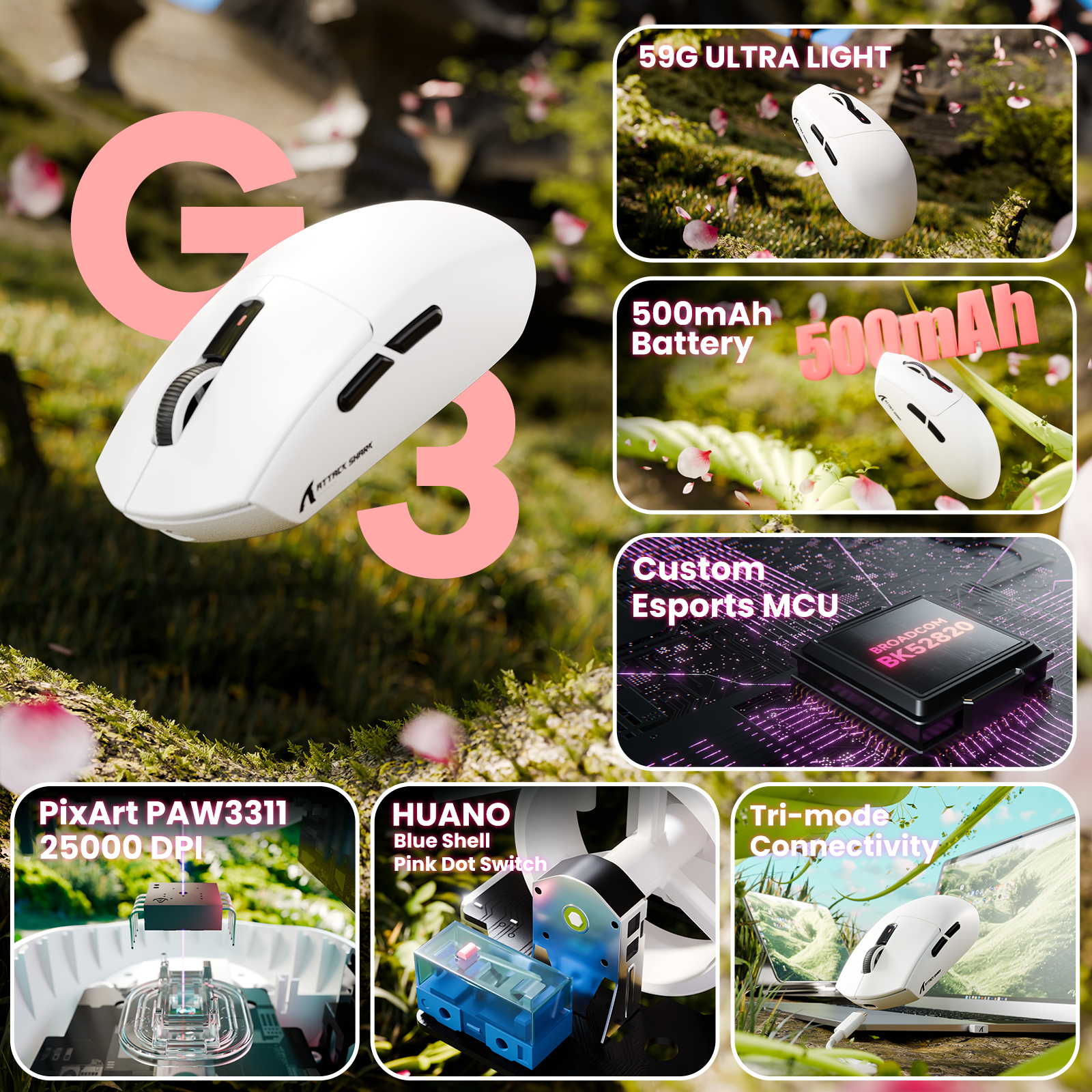 ATTACK SHARK G3 Ratón inalámbrico para juegos trimodo 25000 DPI Ultraligero