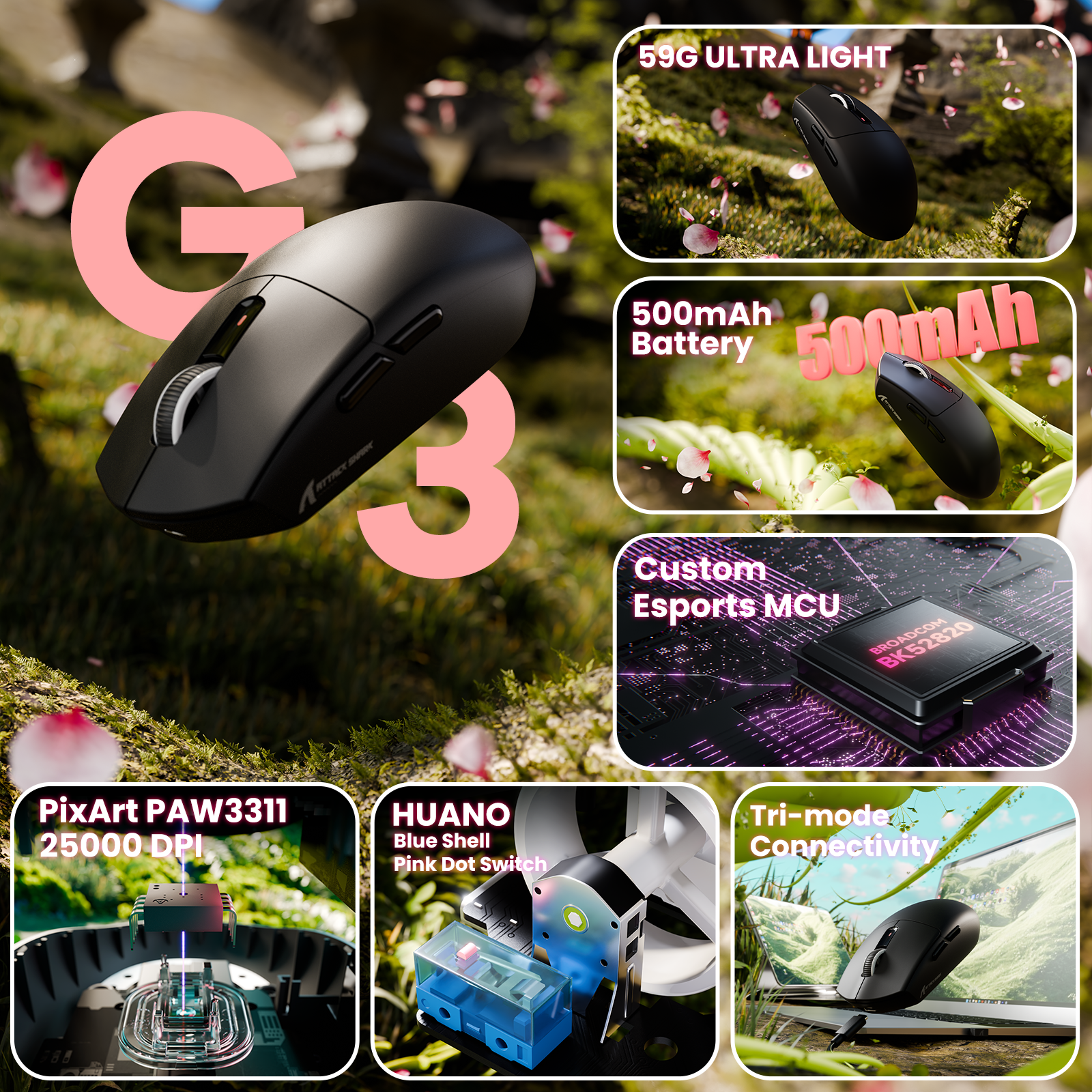 ATTACK SHARK G3 Ratón inalámbrico para juegos trimodo 25000 DPI Ultraligero
